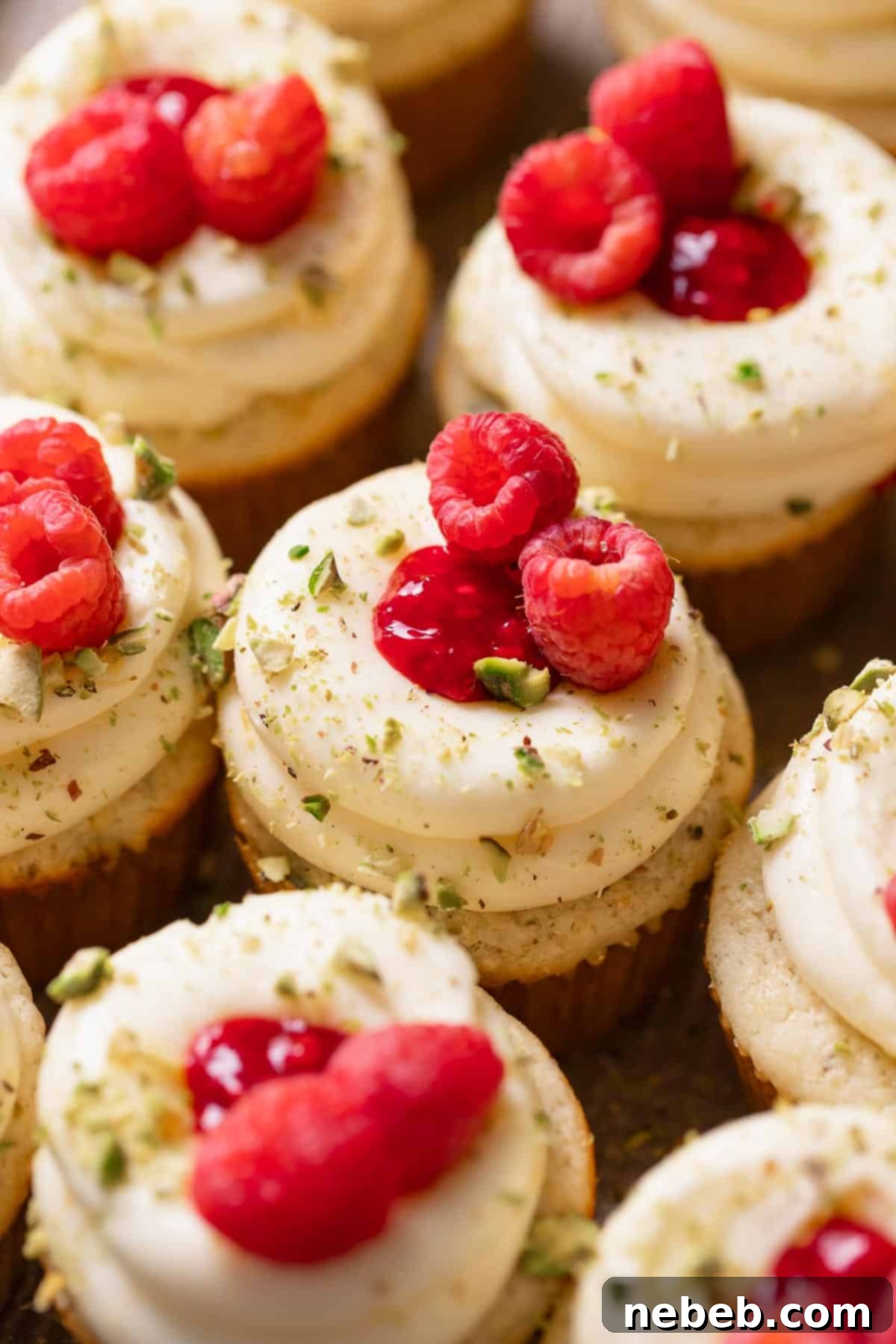 Two perfectly decorated lemon and raspberry cupcakes, topped with lemon frosting, fresh raspberries, and a sprinkle of pistachios, against a bright background.