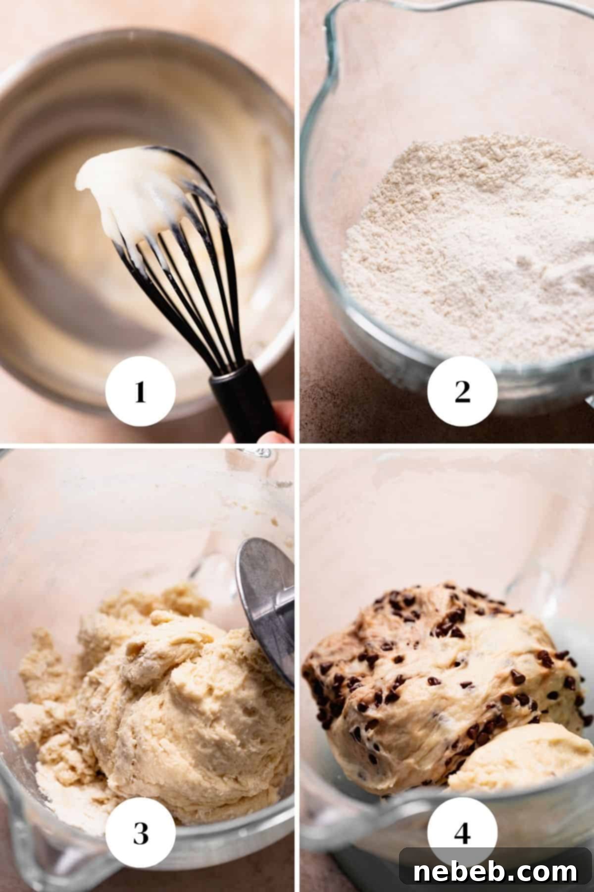 A process collage of the steps for mixing and kneading the chocolate chip yeast dough.