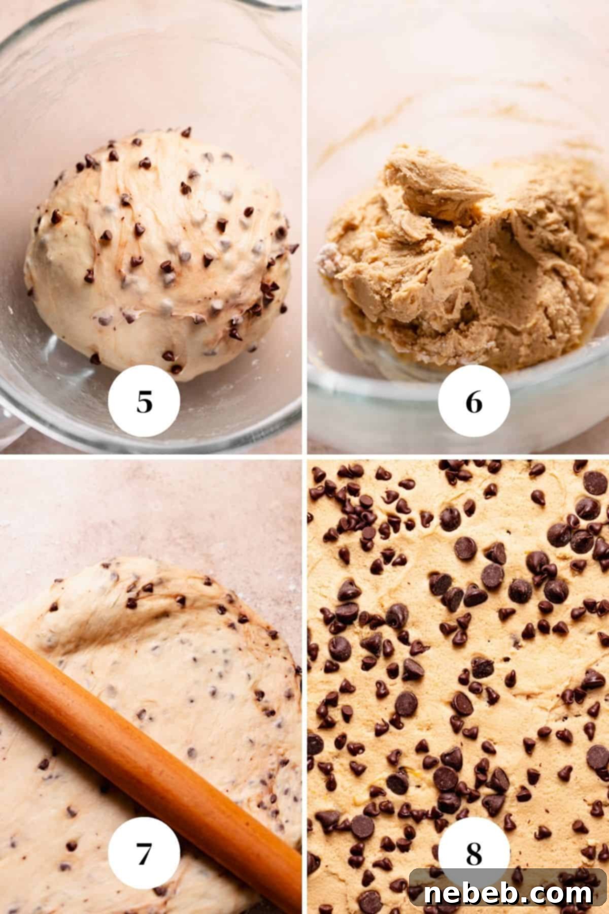 A process collage of the steps for filling the dough with cookie dough.