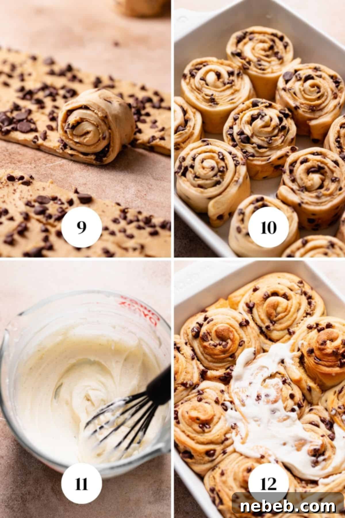 A process collage of the steps for rolling, baking, and frosting cookie dough rolls.