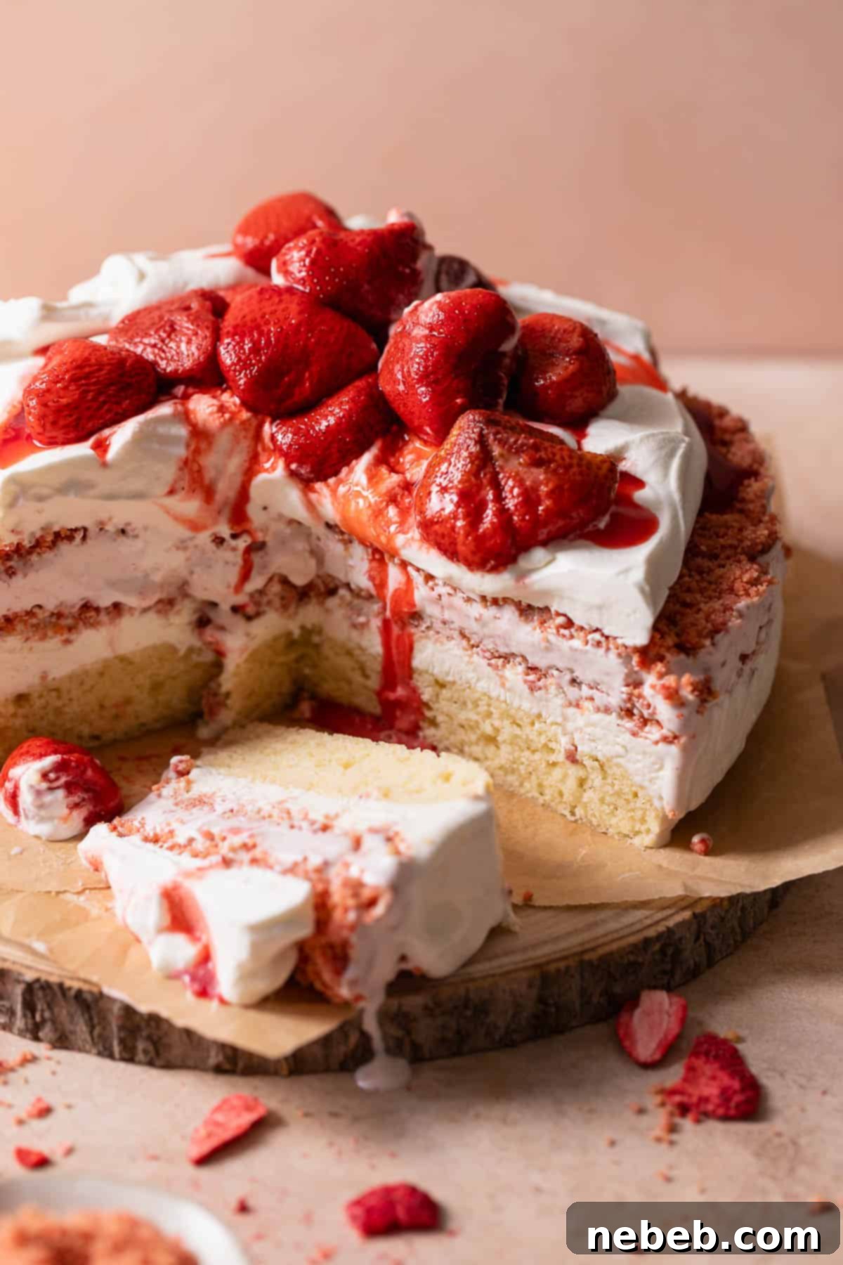 A beautifully layered Strawberry ice cream cake topped with whipped cream and fresh strawberries, resting on a rustic wooden cake platter.