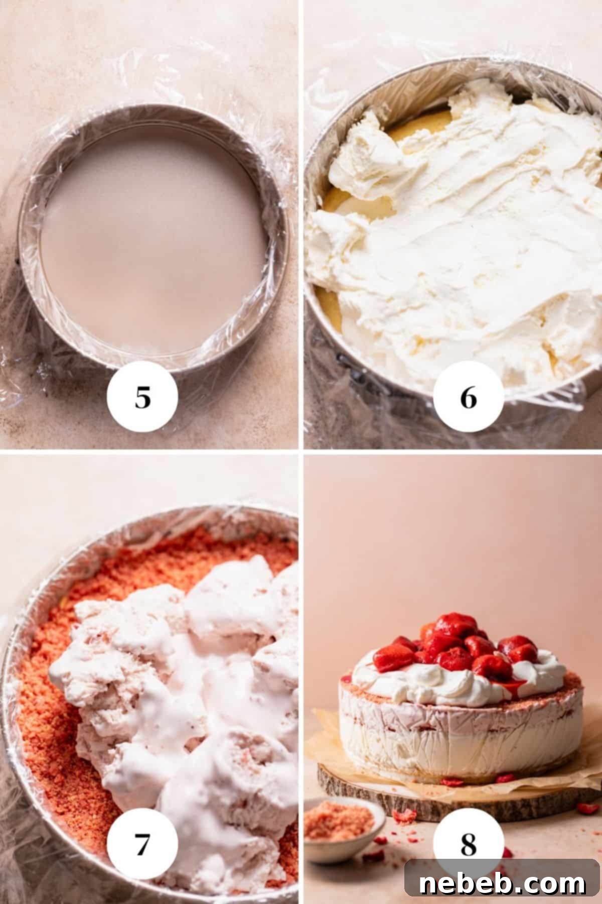 A process collage showing the steps for assembling the strawberry ice cream cake layers, including lining the pan, adding vanilla ice cream, crumble, and strawberry ice cream.