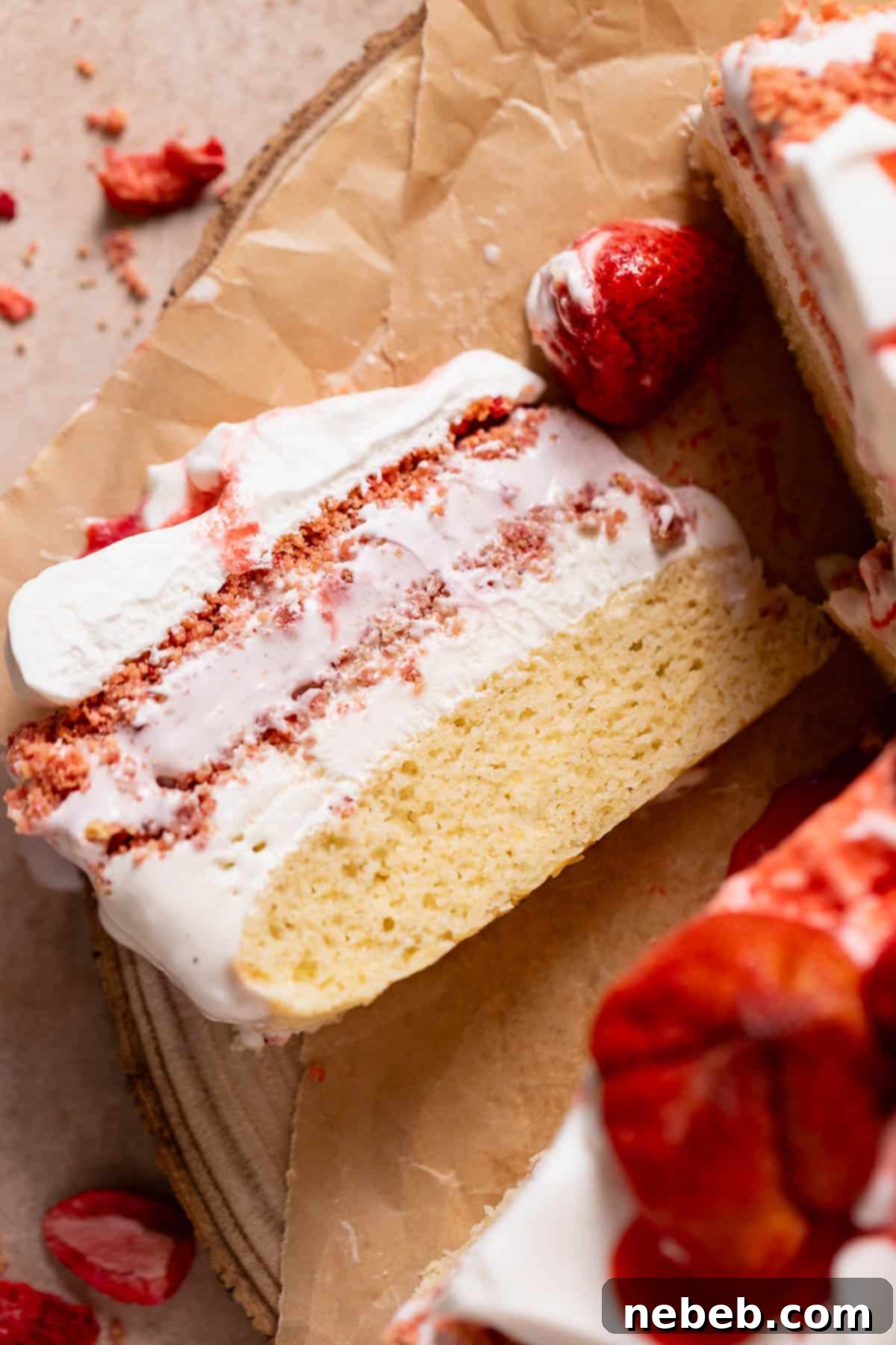 A perfectly sliced piece of Strawberry Shortcake Ice Cream Cake showing all the delicious layers, served on a wooden platter.