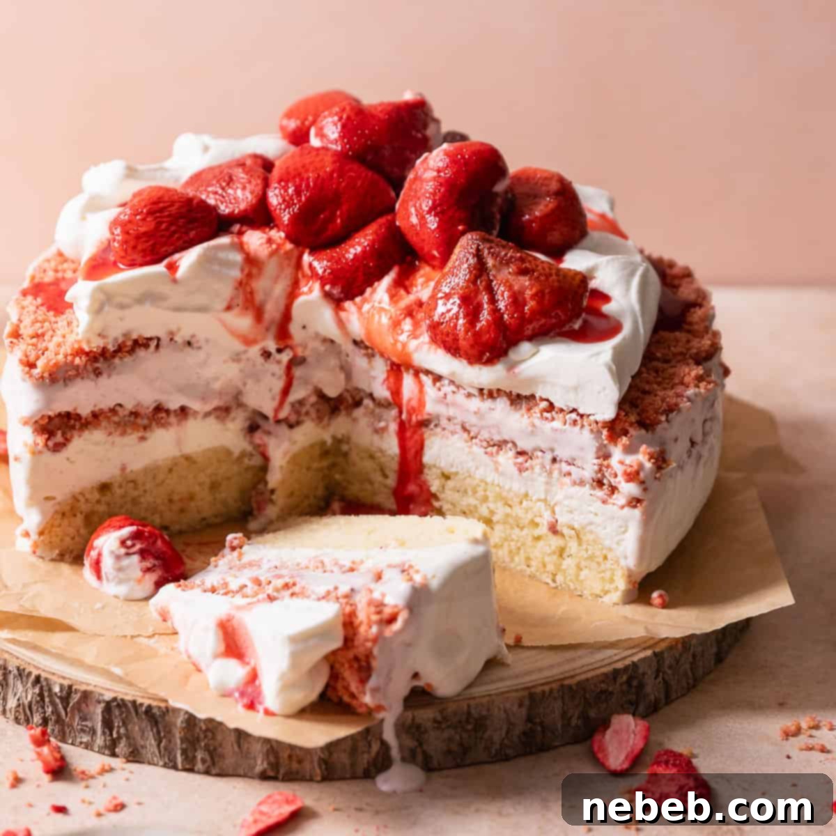 Strawberry shortcake ice cream cake on a wooden cake stand, a delightful summer dessert.