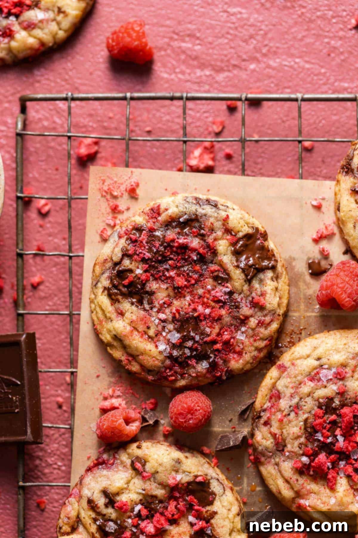 A chocolate raspberry cookie on a baking tray after coming out of the oven.