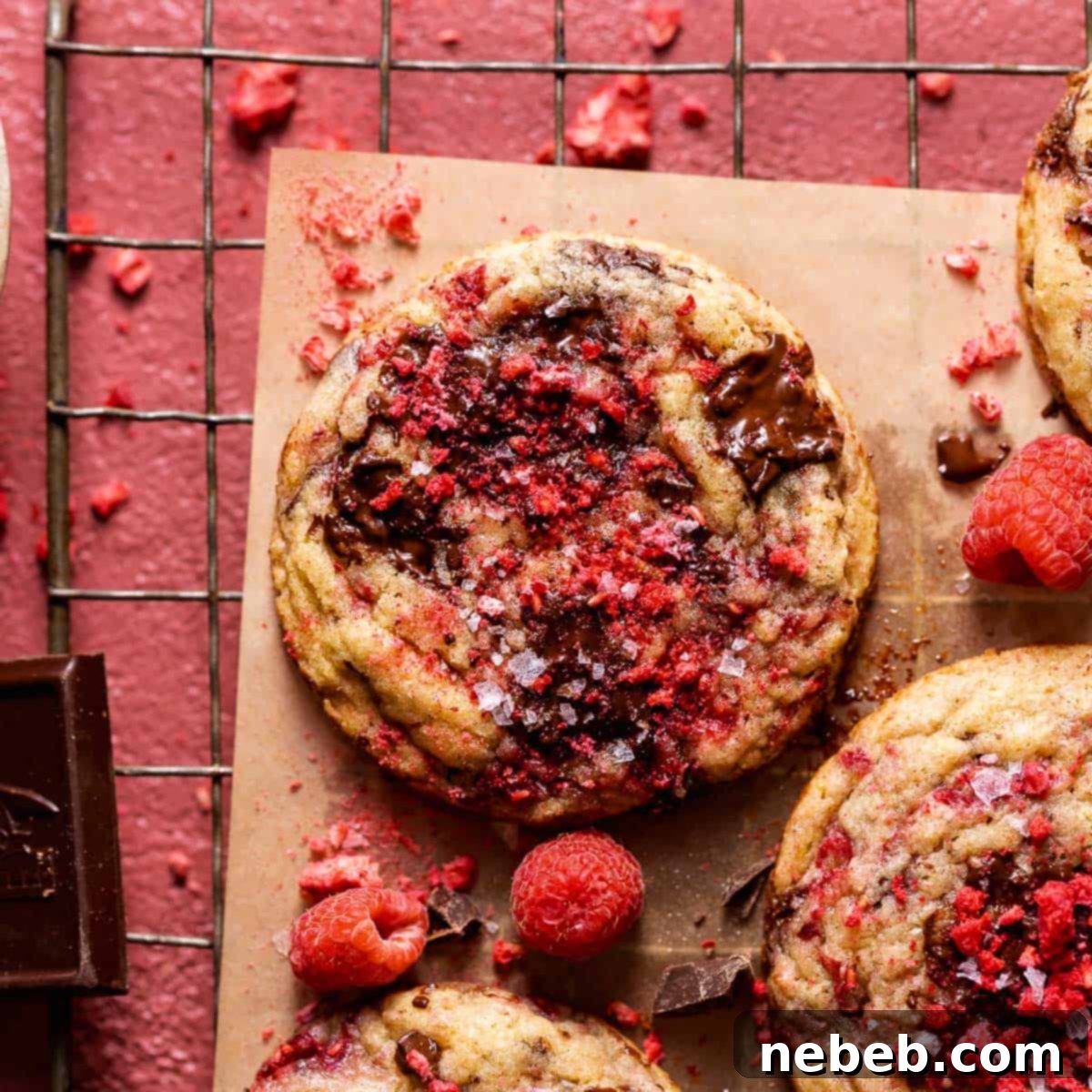 Raspberry chocolate chip cookies on a wire cooling rack.