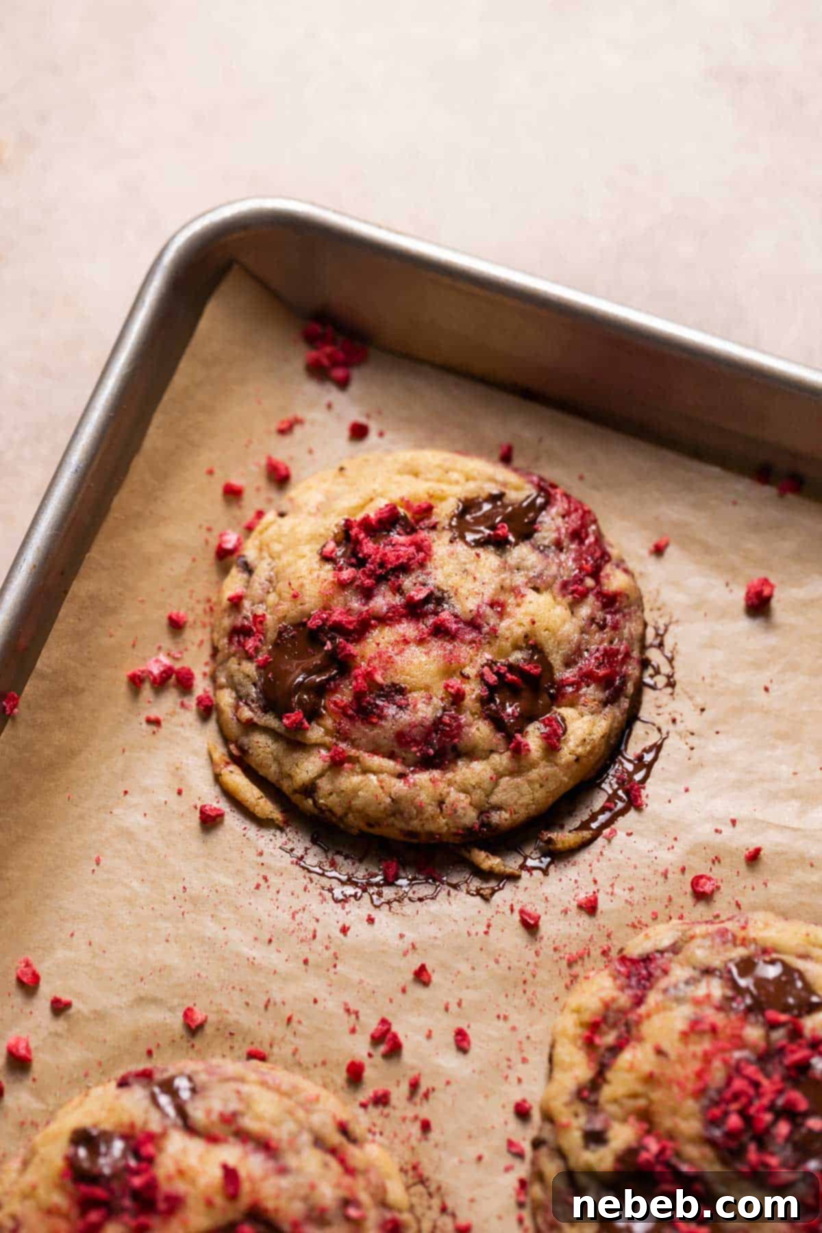 A chocolate raspberry cookie on a baking tray after coming out of the oven.