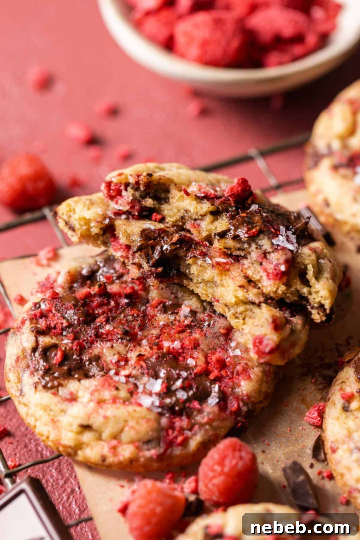 Chocolate raspberry cookies cut in half to show the gooey texture.