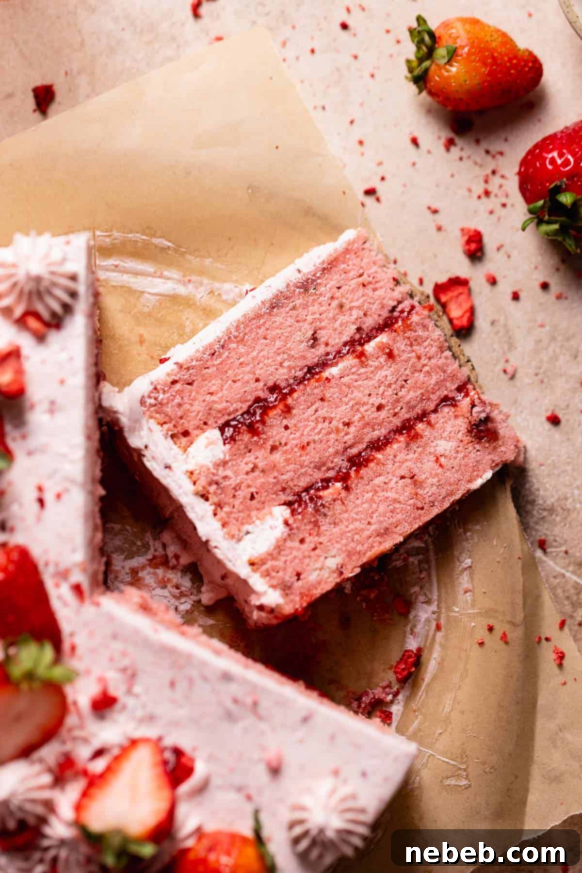 A beautiful slice of moist strawberry cake on brown parchment paper, showcasing its three delightful layers of cake and strawberry filling.