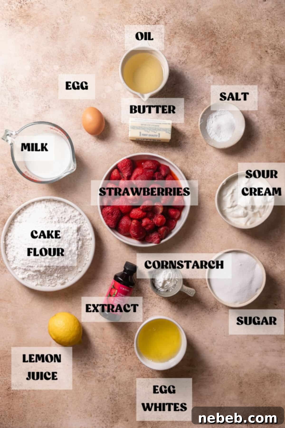 A selection of ingredients needed to make homemade strawberry cake, neatly arranged in bowls with clear labels, including flour, sugar, eggs, butter, and fresh strawberries.
