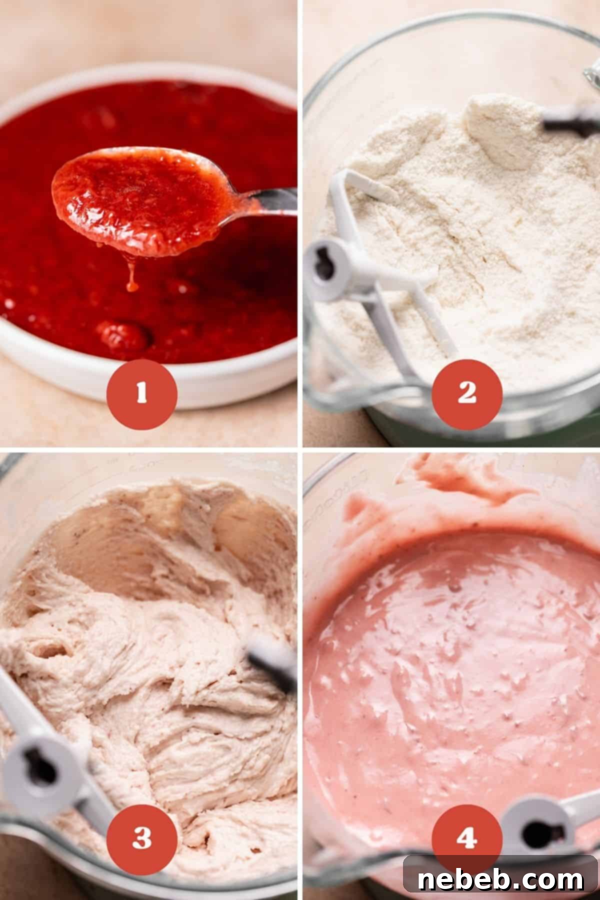 A process collage illustrating the steps for making the strawberry cake batter, showing the progression of ingredients being mixed.