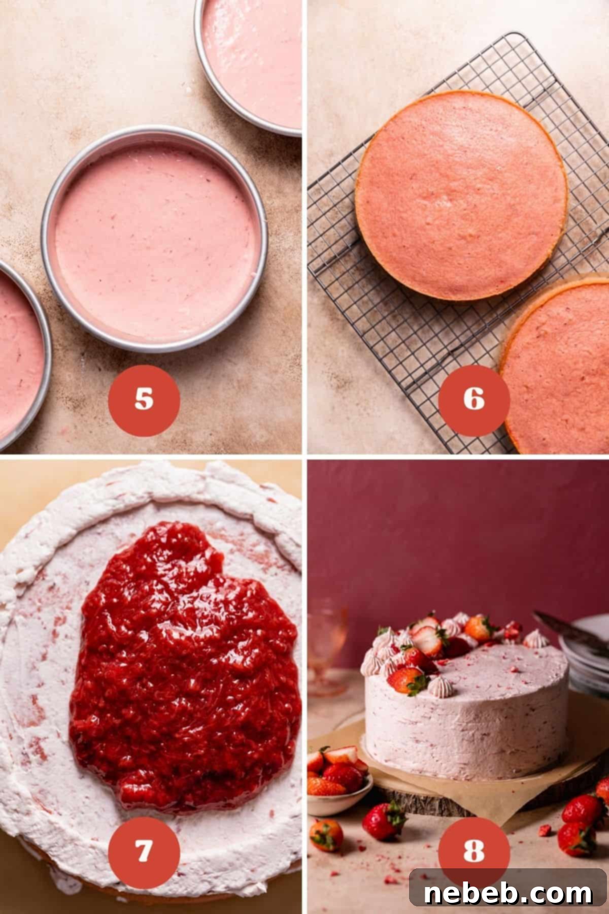 A process collage showing the steps for filling and frosting a three-layer strawberry cake, including piping a dam and adding filling.