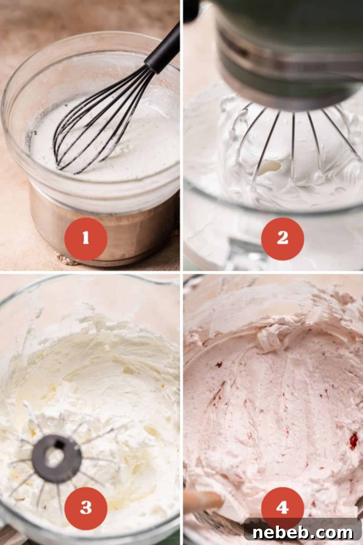 A process collage showing the steps for making strawberry Swiss meringue buttercream, including meringue and butter being incorporated.