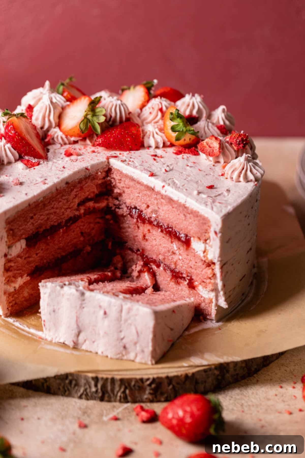 A beautifully frosted and decorated strawberry cake with fresh strawberries and freeze-dried pieces on a rustic wooden cake board.