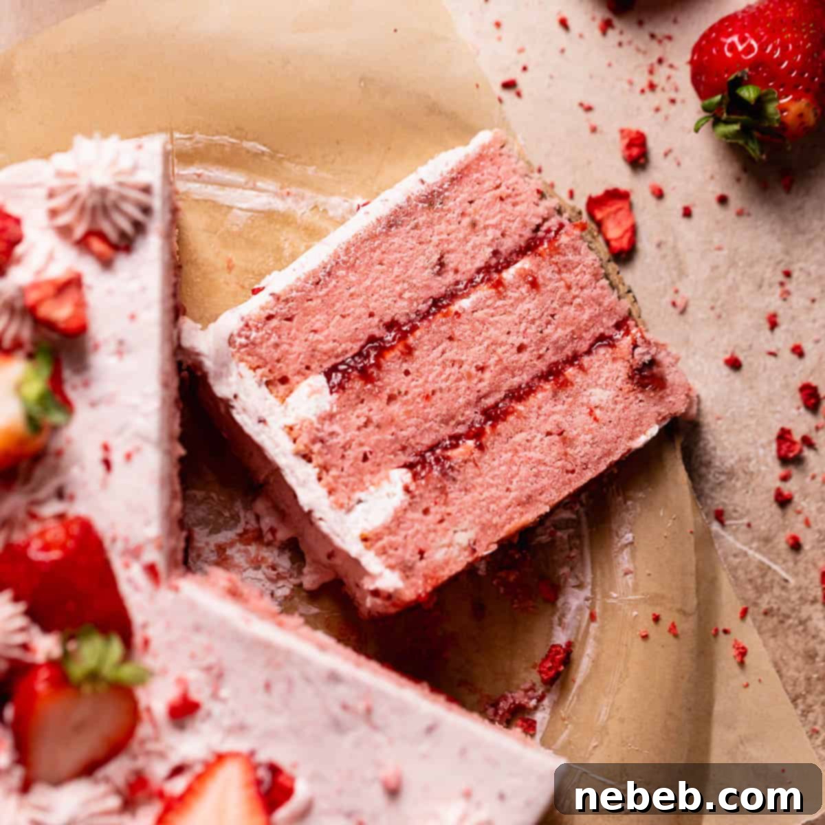 A piece of strawberry filled cake on parchment paper.