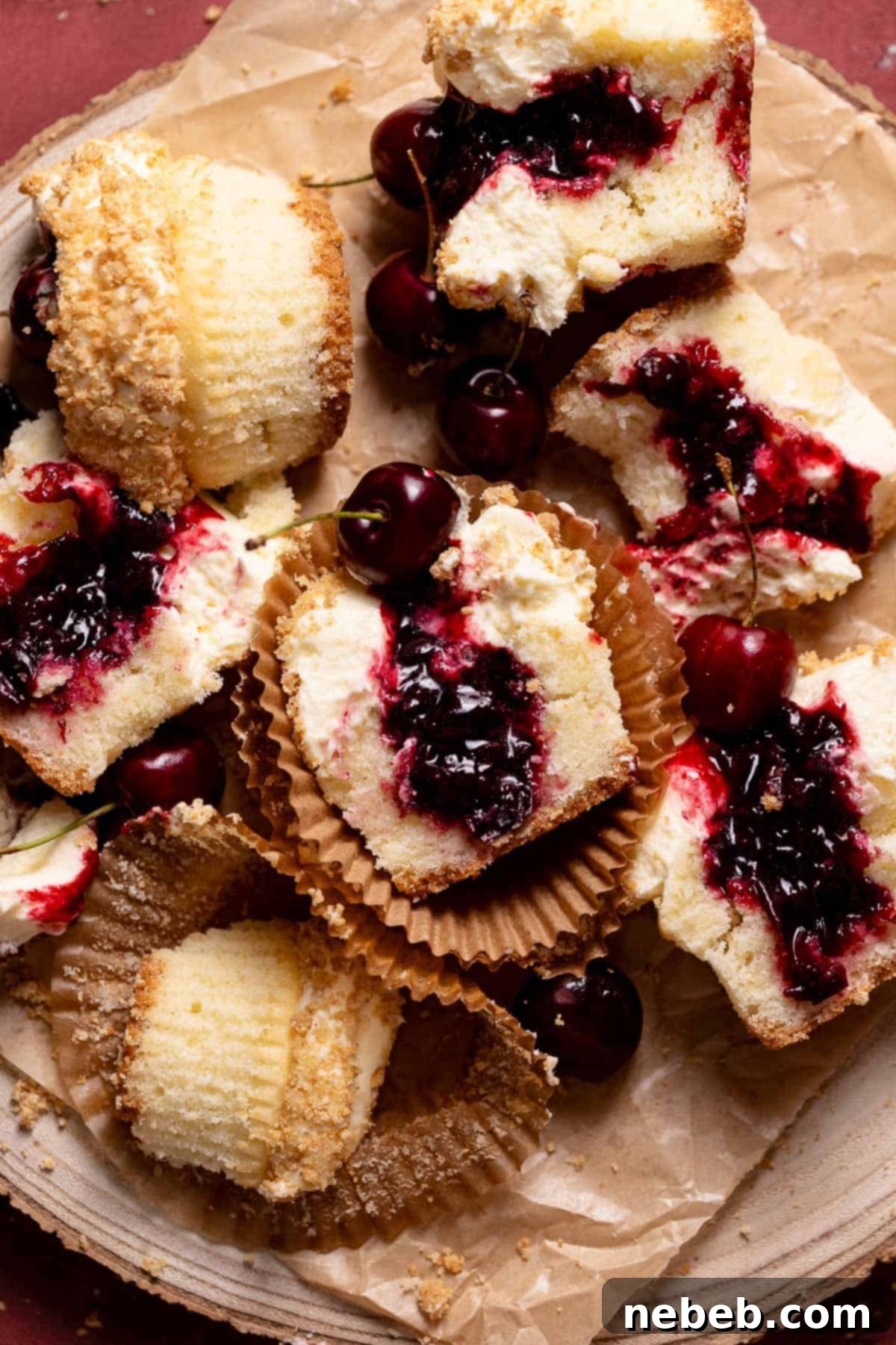 Cherry cheesecake cupcakes cut in half on a piece of parchment paper, showcasing the graham cracker crust, vanilla cake, cherry filling, and cream cheese frosting.