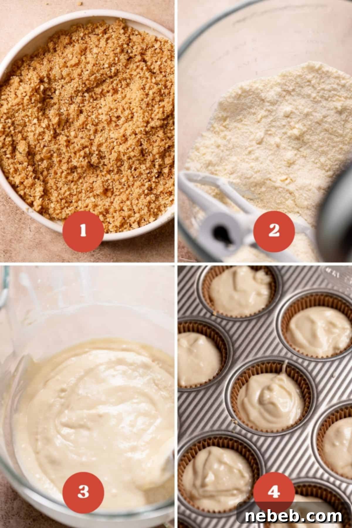 A process collage showing the initial steps for making cherry cheesecake cupcakes: graham cracker crust, dry ingredients, wet ingredients, and batter in liners.