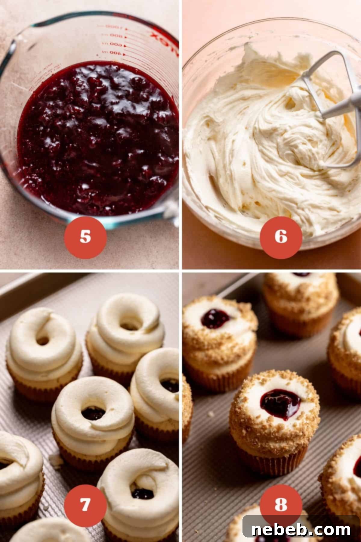 A process collage illustrating the final steps of frosting and decorating the cherry cheesecake cupcakes: coring, filling, piping frosting, and garnishing.