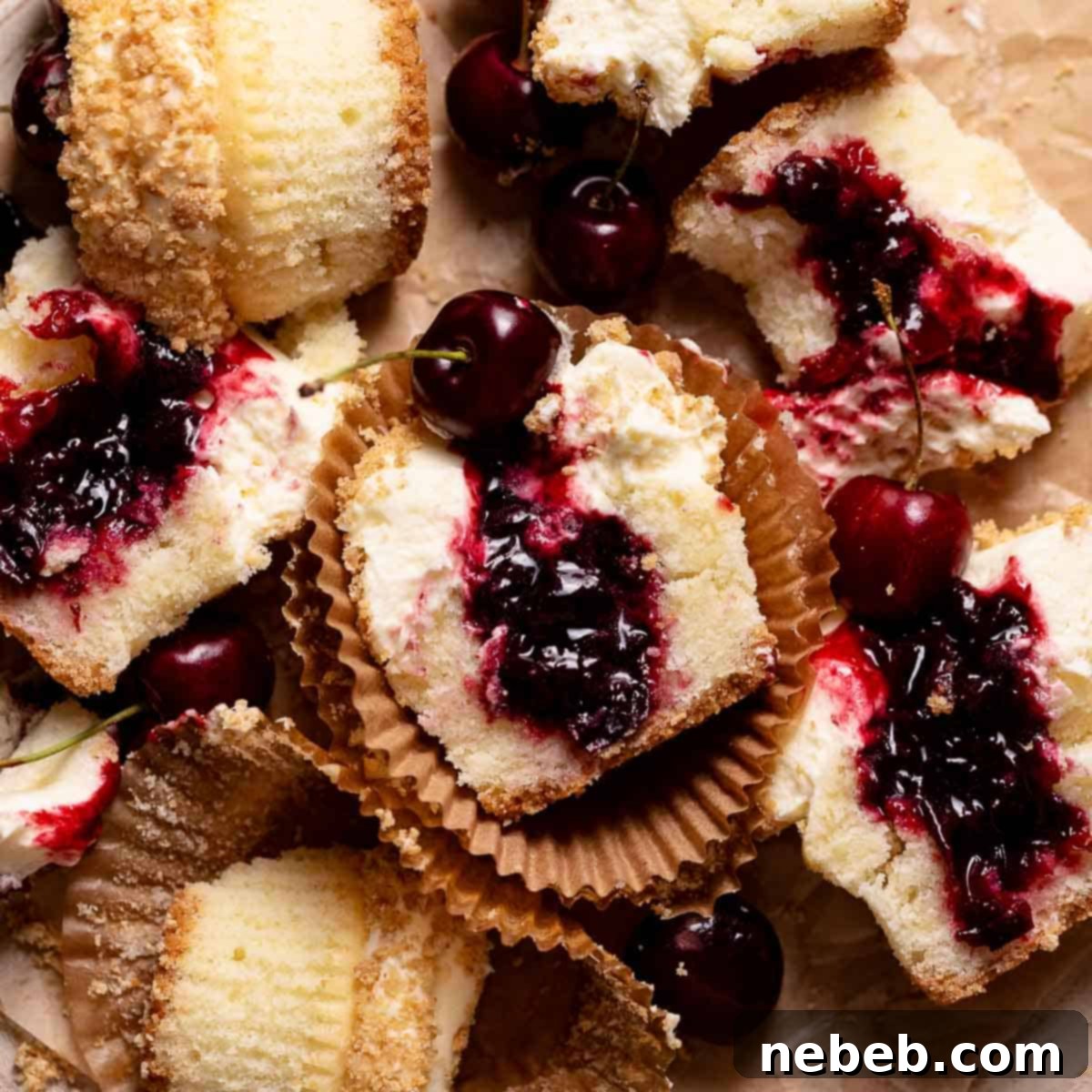 A cherry cheesecake cupcake cut in half on brown parchment paper, showing the layers of graham cracker crust, vanilla cake, cherry filling, and cream cheese frosting.