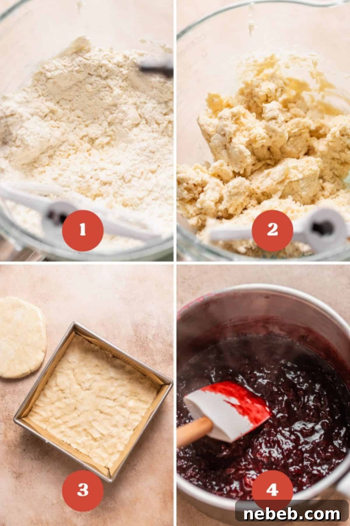 A process collage showing the initial steps for making cherry pie bars, including grating butter into dry ingredients and mixing in ice water for the pie crust.