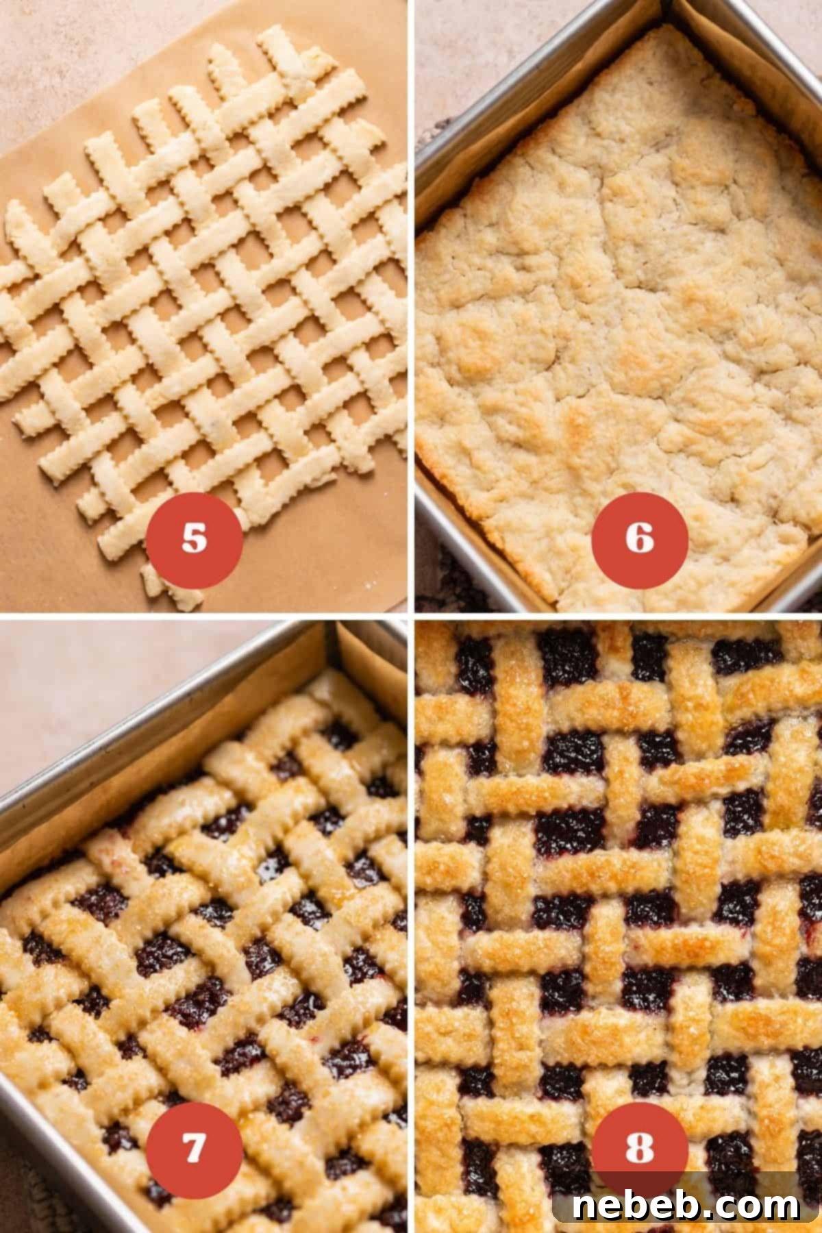 A process collage detailing the assembly of homemade cherry pie bars, including baking the bottom crust, spreading filling, and placing the lattice top.