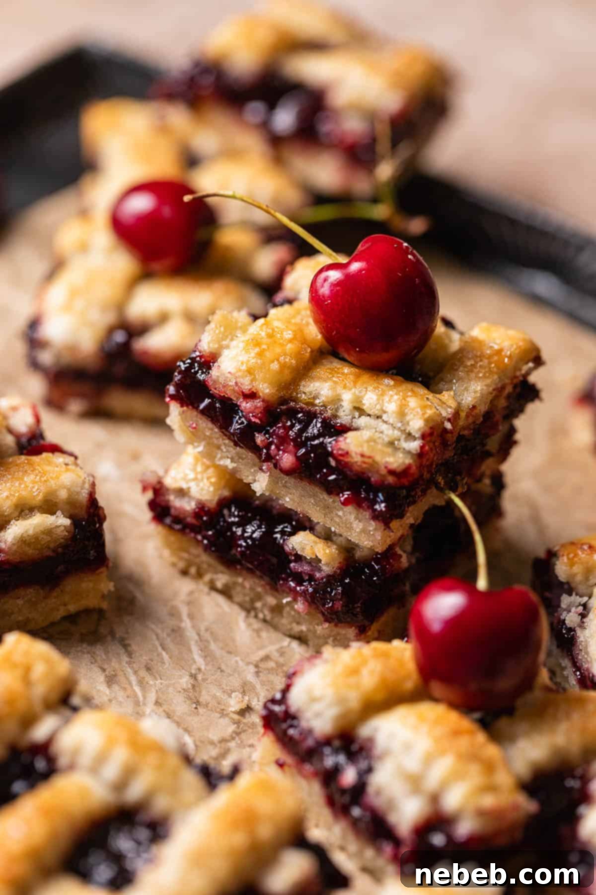 Two perfectly baked cherry pie bars stacked to reveal their beautiful flaky crust and generous, juicy cherry filling.