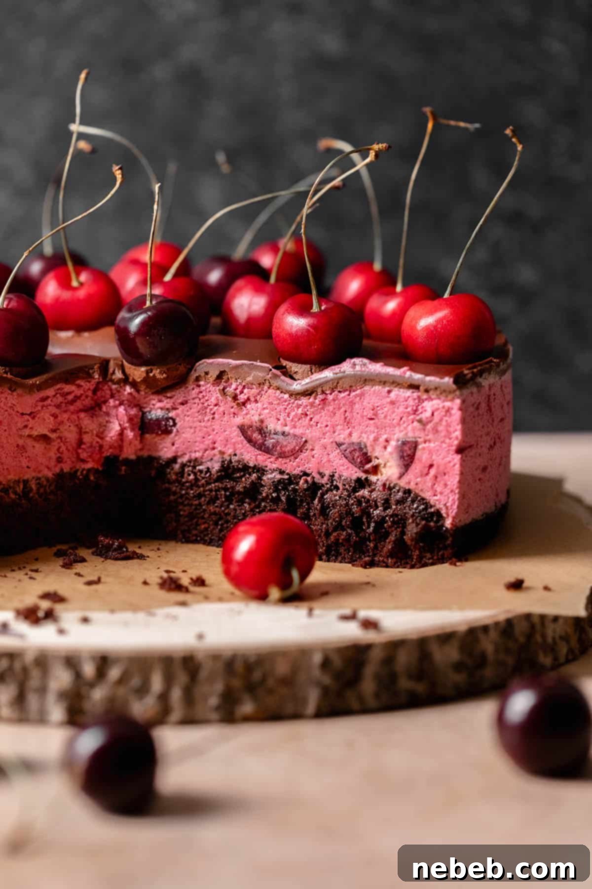 Chocolate cherry cake with slices missing to show the cherry filling texture. A rich, dark chocolate cake base topped with a thick layer of pale pink cherry mousse and a glossy dark chocolate ganache. Fresh cherries garnish the top.