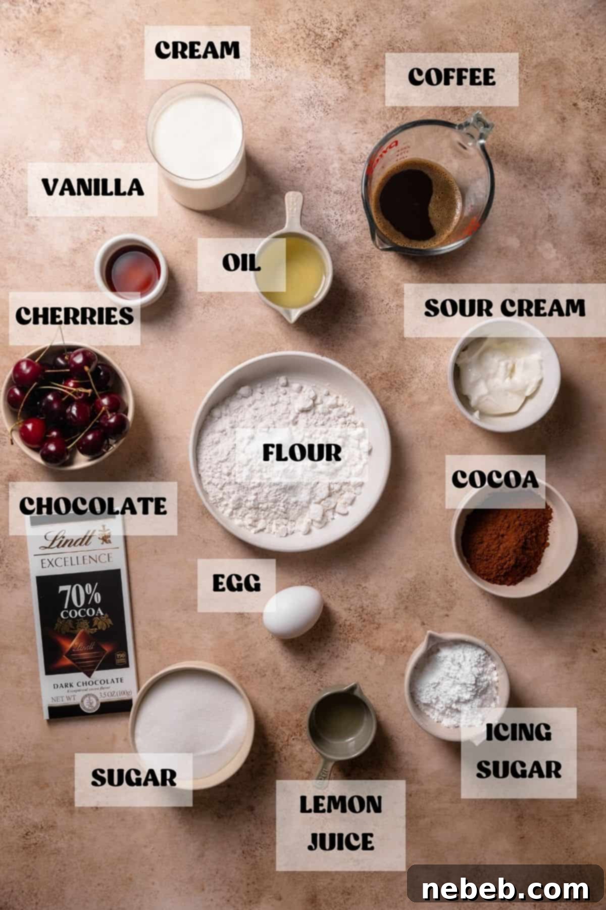 Ingredients needed to make cherry chocolate cake in bowls with labels. Bowls of cherries, flour, sugar, cocoa powder, heavy cream, and gelatin are neatly arranged on a white surface.