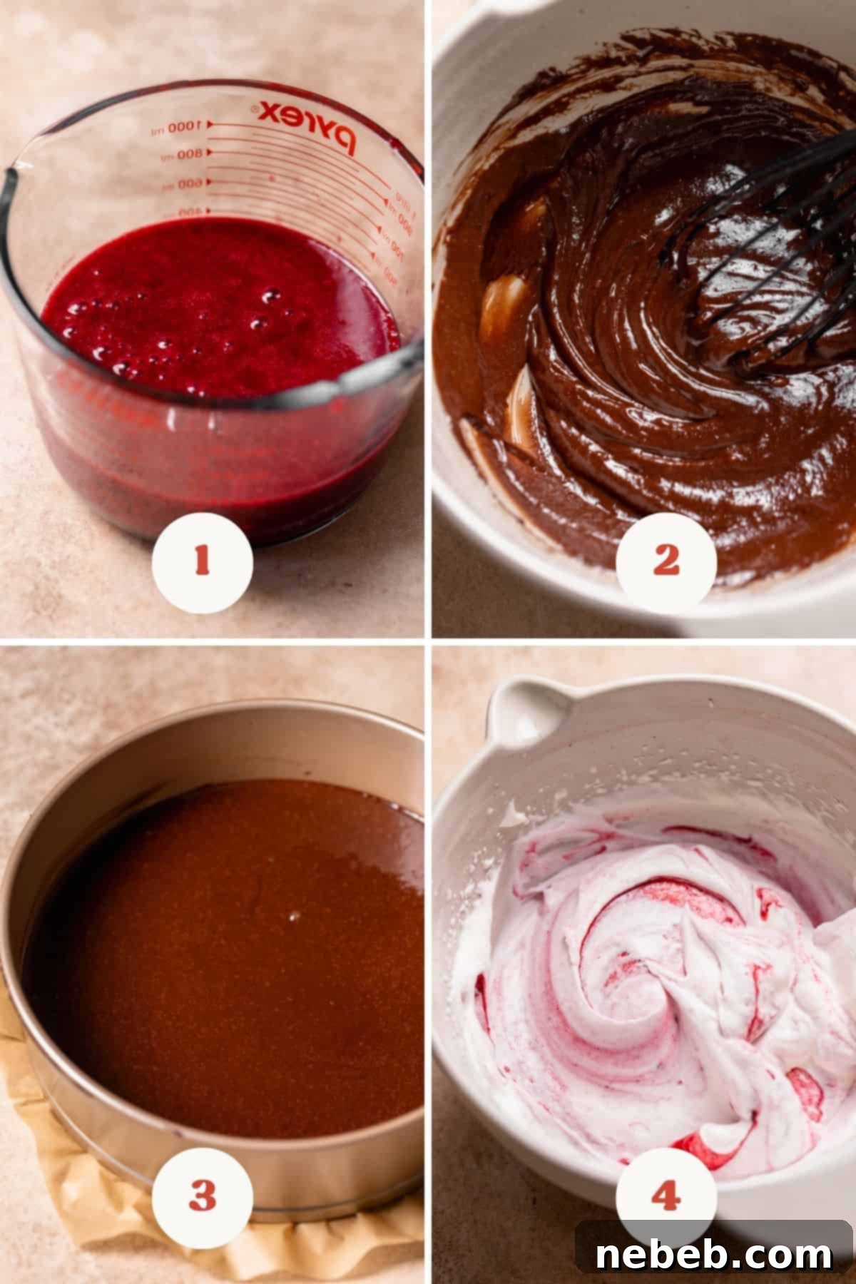 A process collage of the steps for making the chocolate cake batter and cherry filling. Shows ingredients being mixed, batter in the springform pan, and cherry puree cooking.