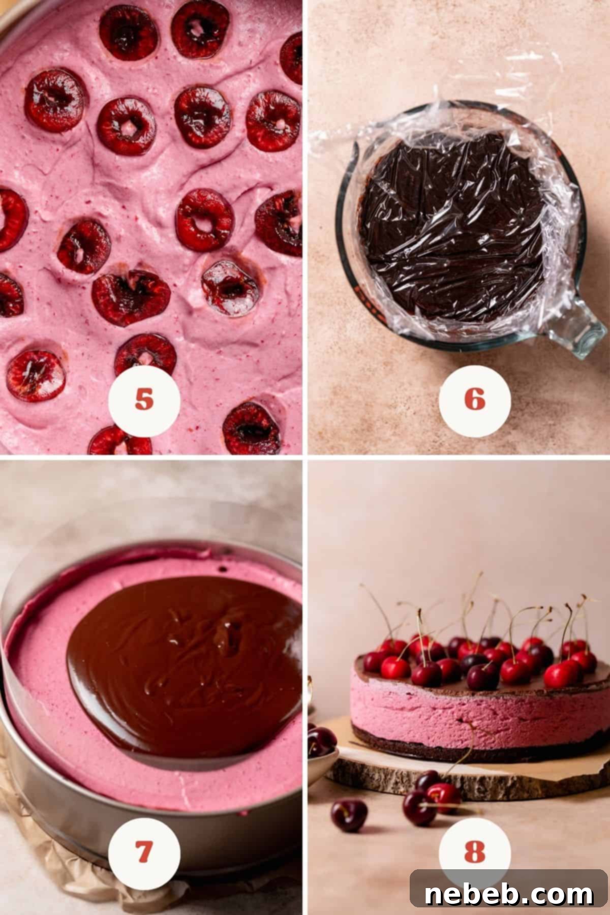A process collage of the steps for assembling the chocolate cherry cake. Shows the mousse being poured, then the ganache, and finally a finished cake with a slice removed.