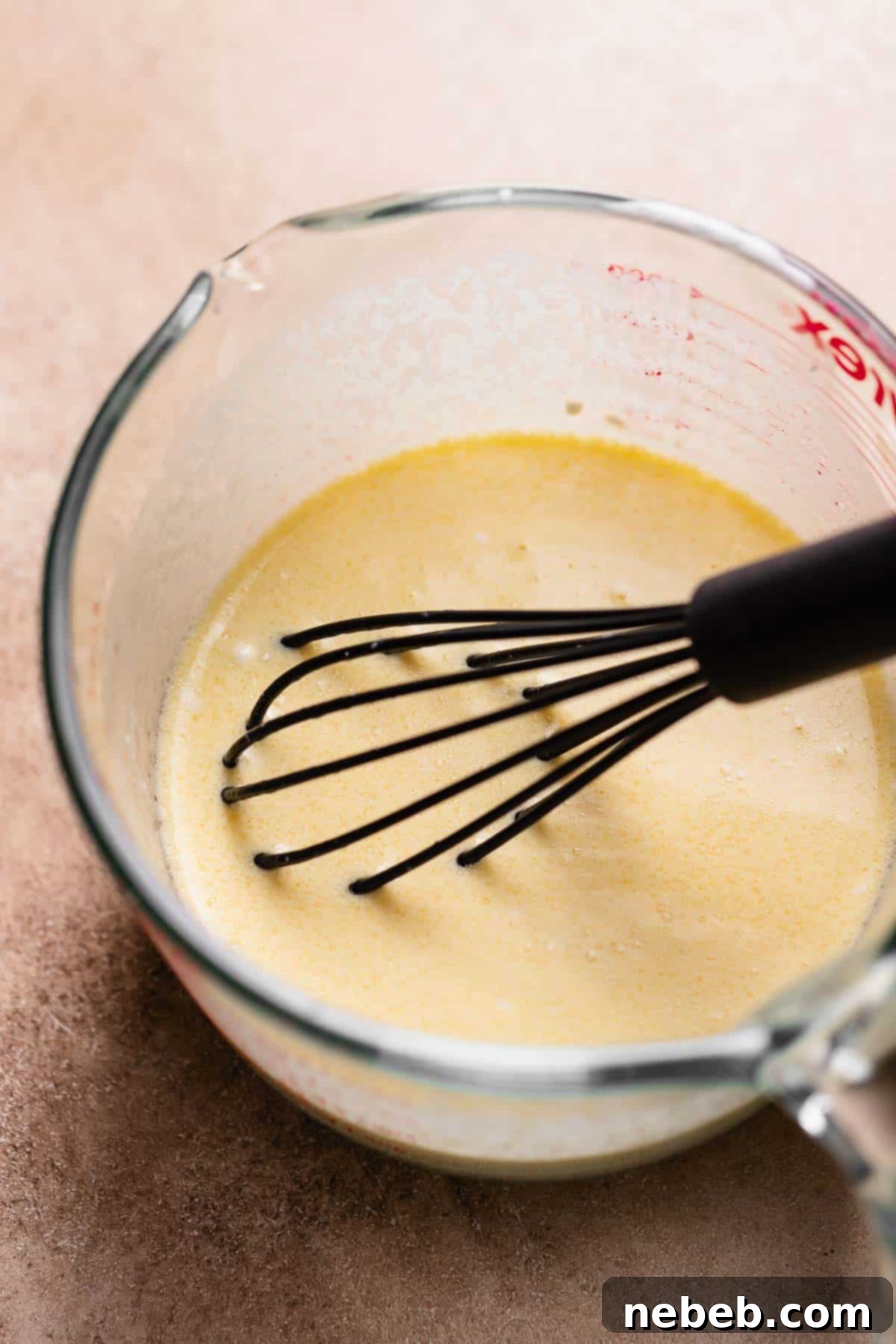 A glass pyrex bowl with the whisked wet ingredients, ready to be added to the dry mixture.
