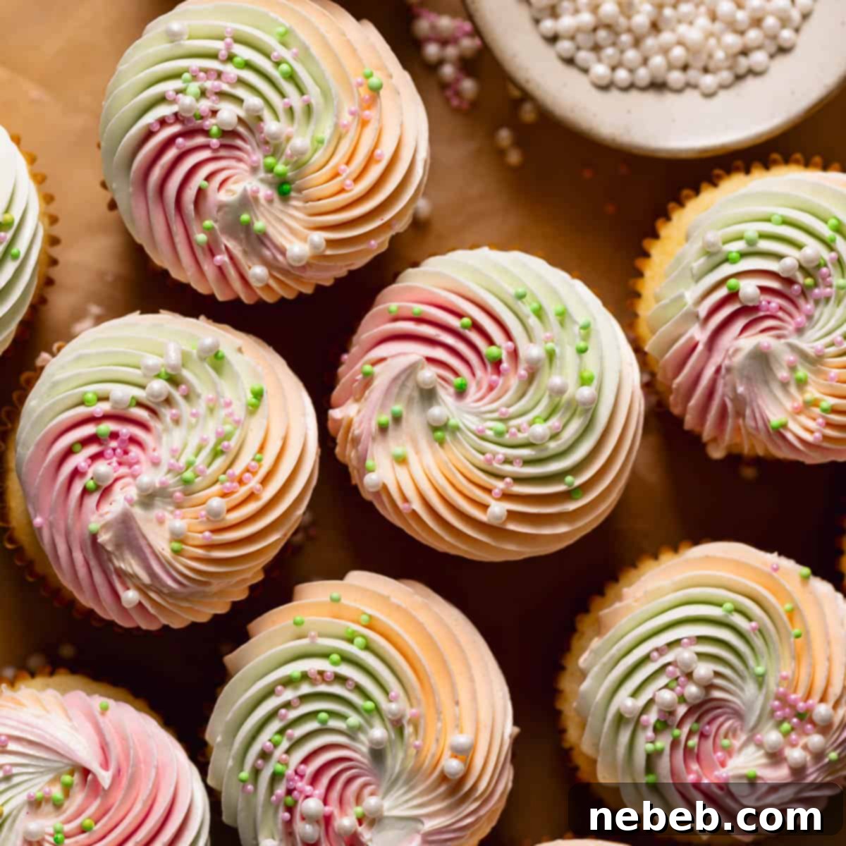 Rainbow sherbet cupcakes frosted with buttercream and decorated with pearl sprinkles, captured from an appealing angle.