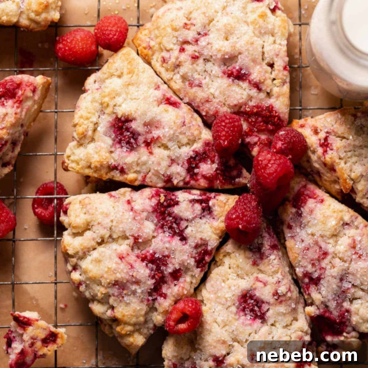 Raspberry scones topped with sugar and fresh raspberries on a wire rack.