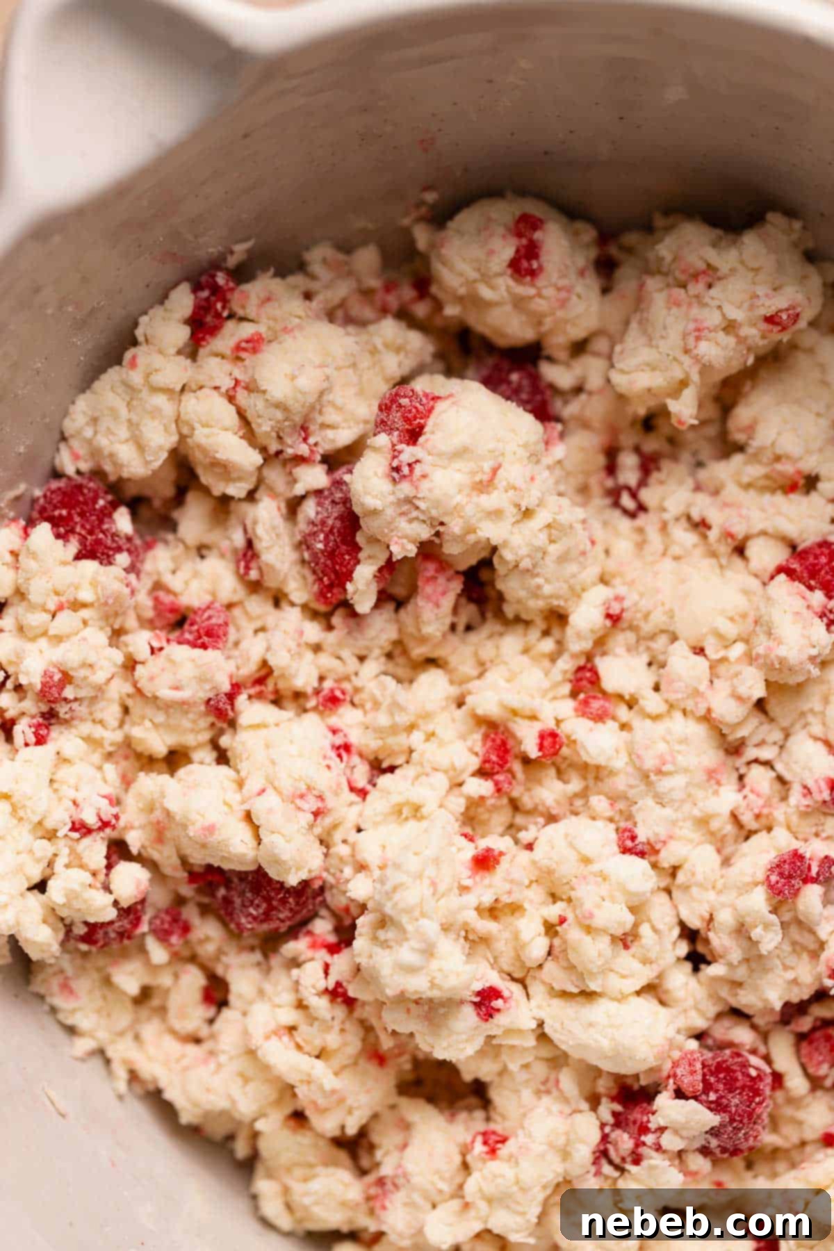 The raspberry scone dough in a large bowl.
