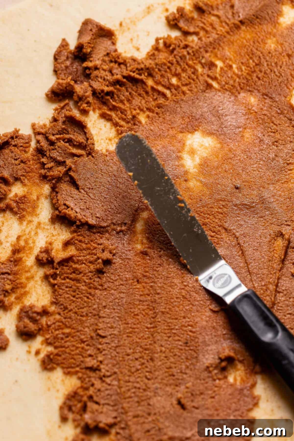 A spatula spreading the brown butter filling across the dough.