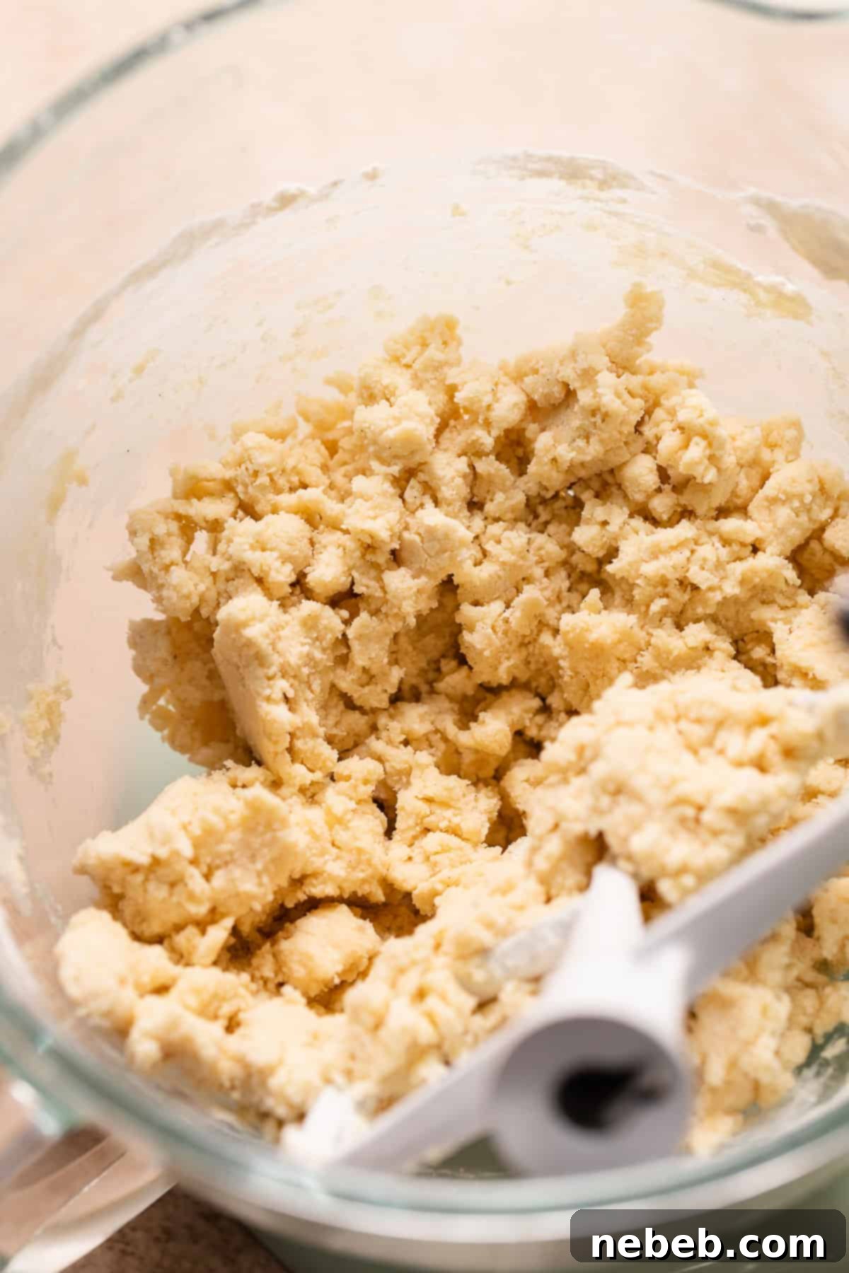 A mixing bowl with the shortbread dough, showing its crumbly texture.