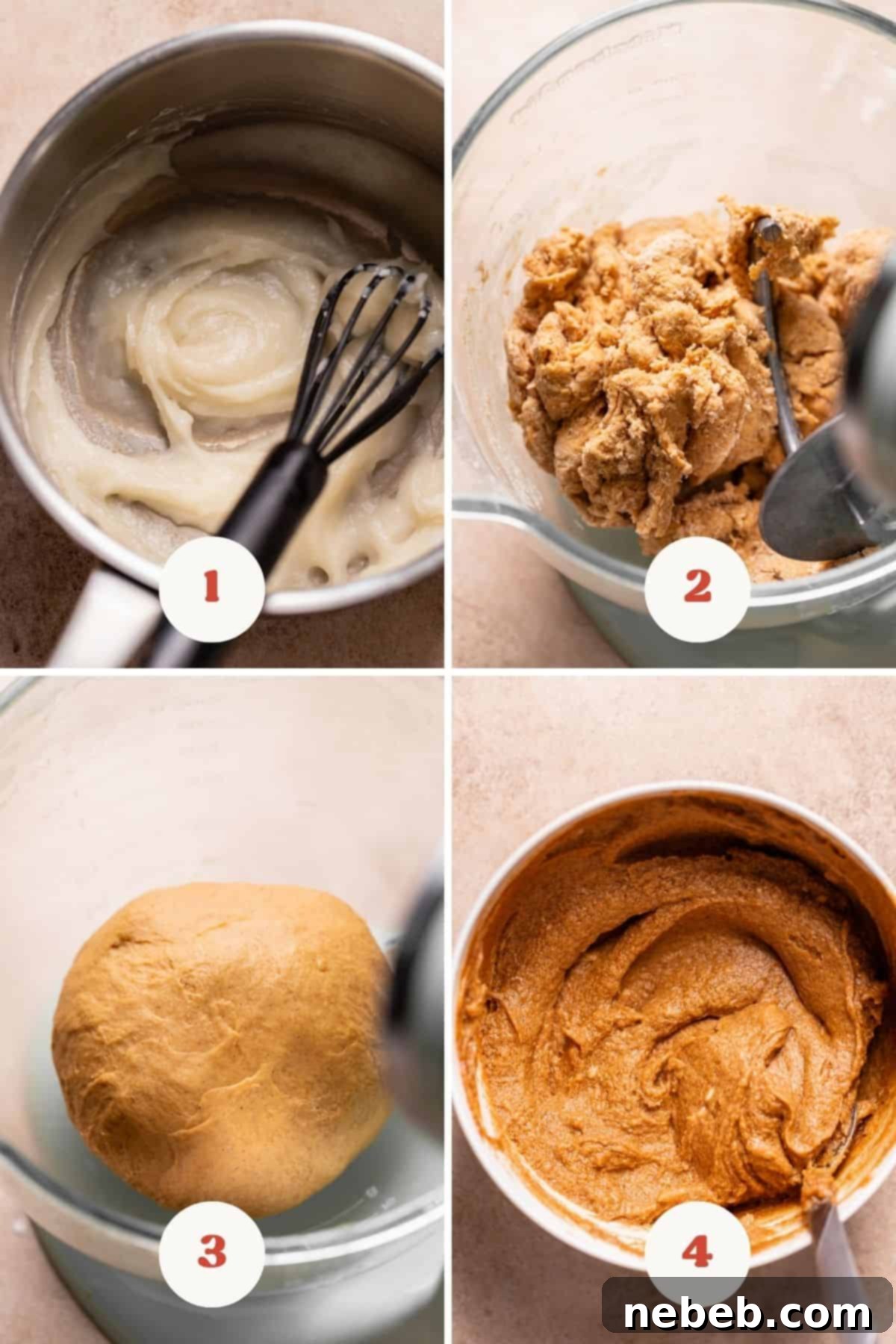 A visual guide showing the process of preparing pumpkin cinnamon roll dough and its spiced filling.