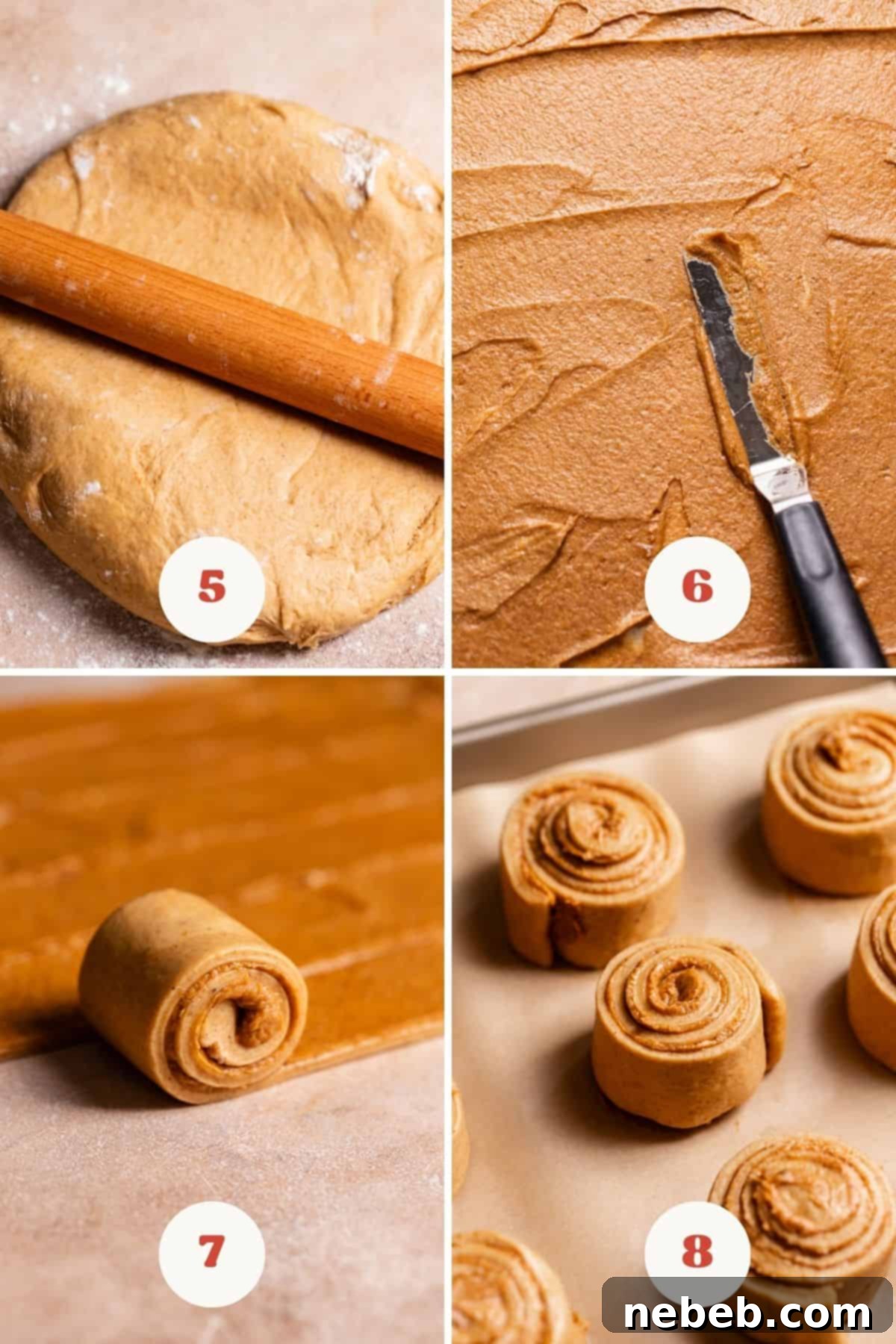A step-by-step visual guide demonstrating how to fill and roll the pumpkin cinnamon roll dough.