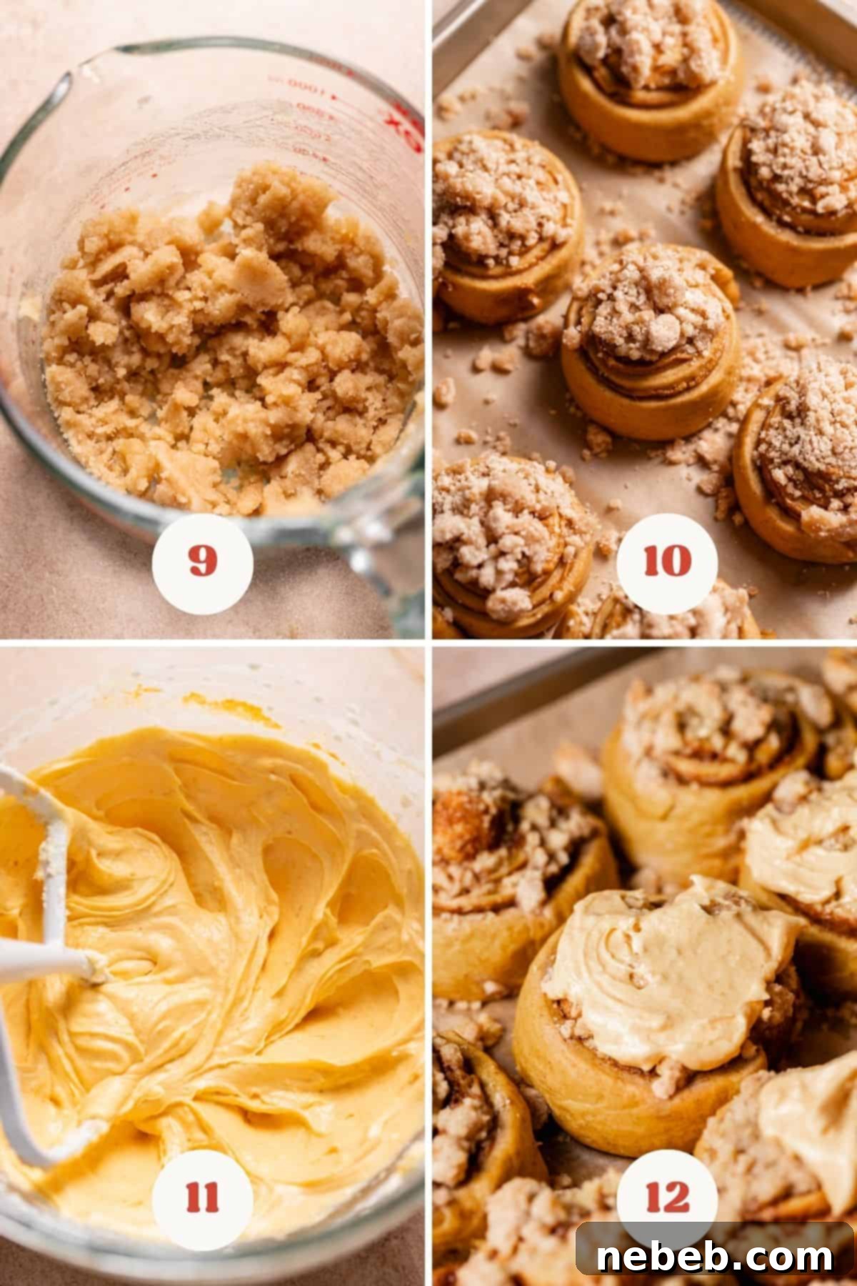 A process collage depicting the final steps of frosting the baked pumpkin cinnamon rolls with pumpkin cream cheese frosting.