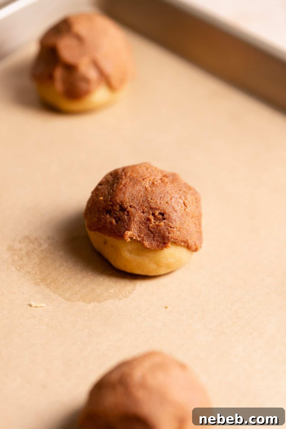 A perfectly formed cookie dough ball with a thin, flat disc of cinnamon sugar filling meticulously placed and secured on top.