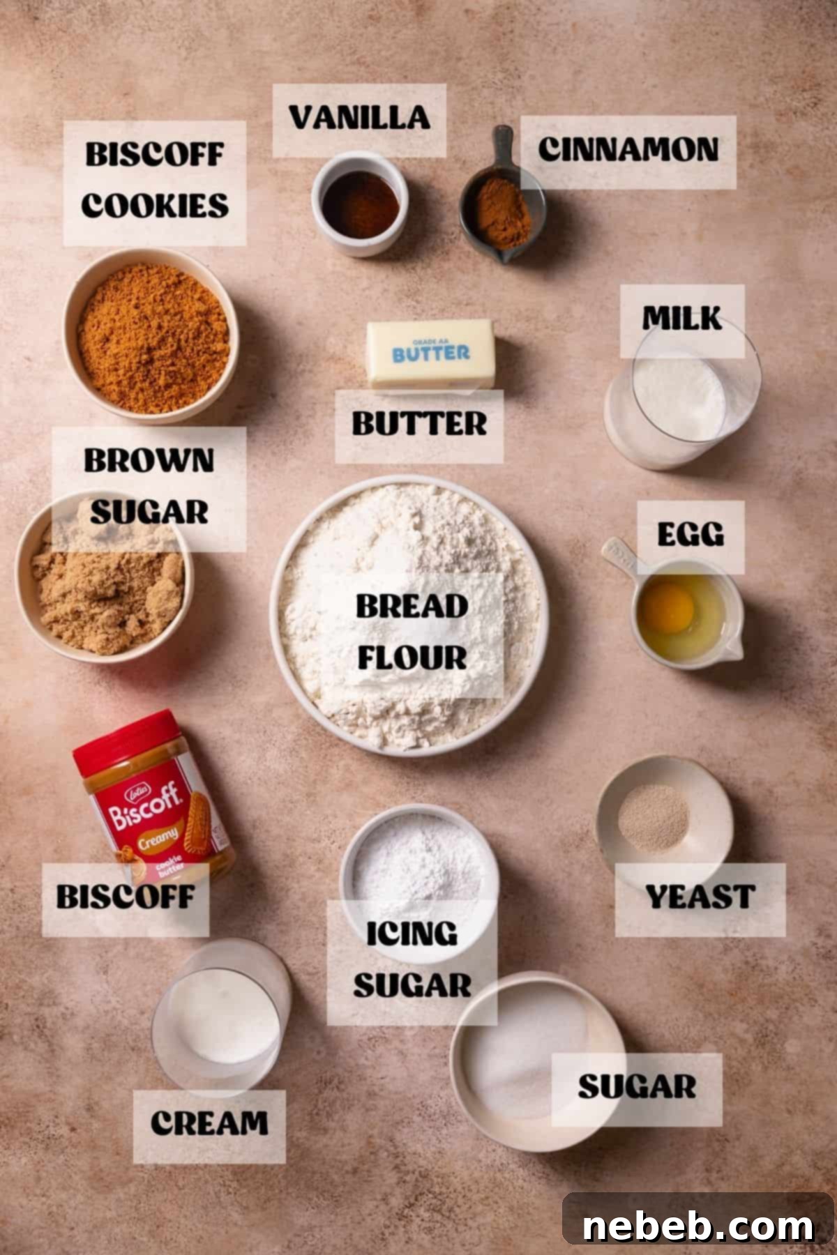 Bowls of ingredients for cookie butter cinnamon rolls, labeled for clarity.