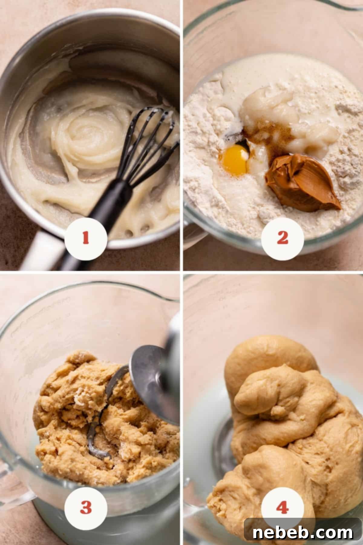A four-panel collage showing the process of making cookie butter cinnamon roll dough: tangzhong, mixing, initial kneading, and smooth dough.