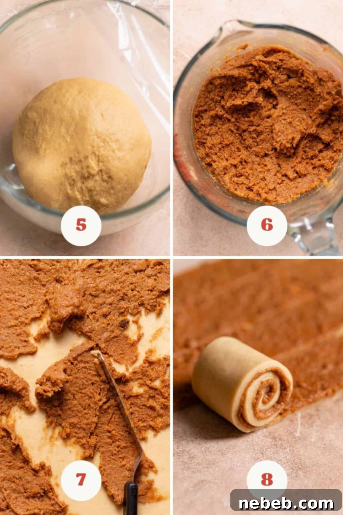A process collage showing the steps for filling and rolling the cookie butter cinnamon rolls.