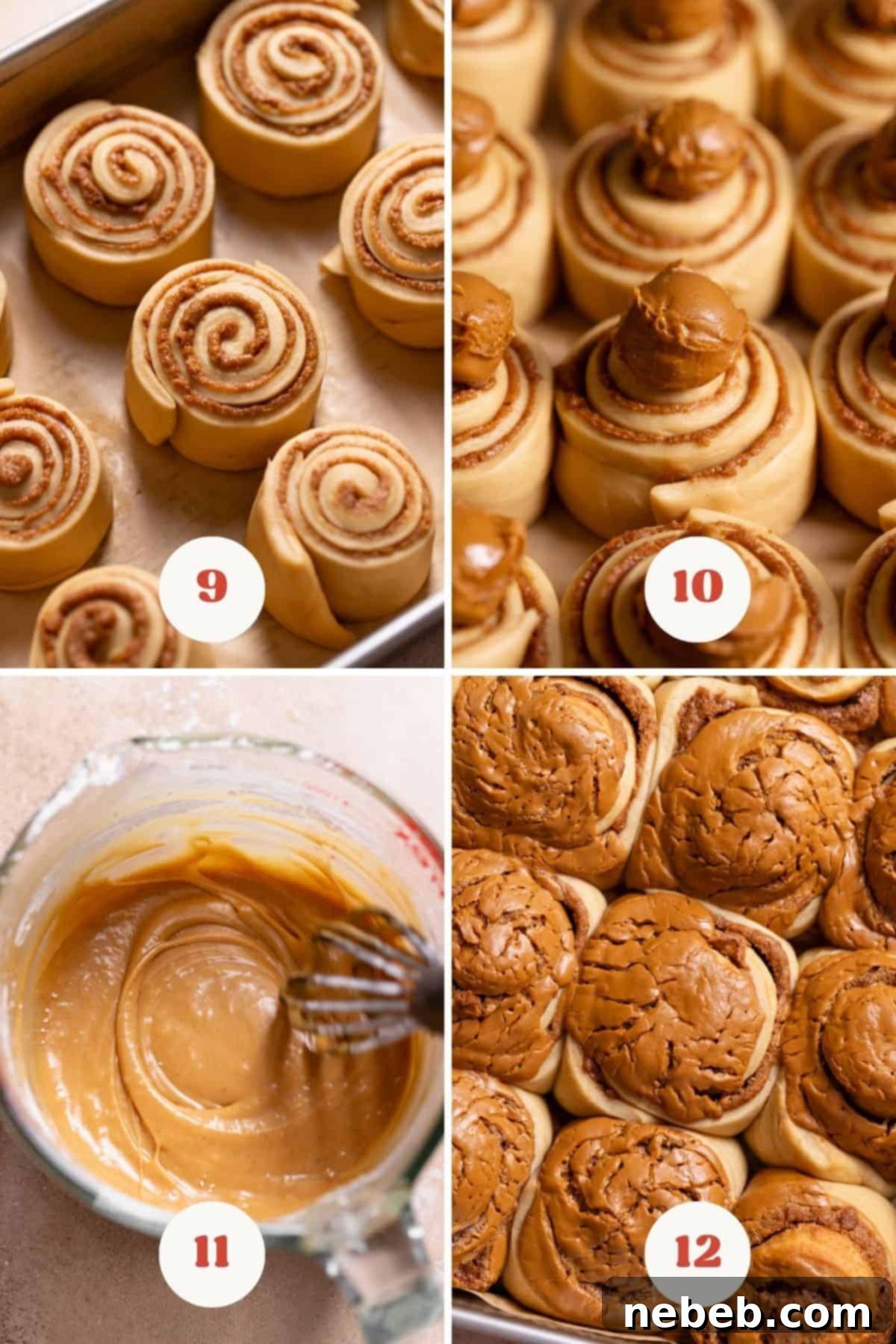 A three-panel collage illustrating the final steps: topping rolls with cookie butter, baking, and frosting.