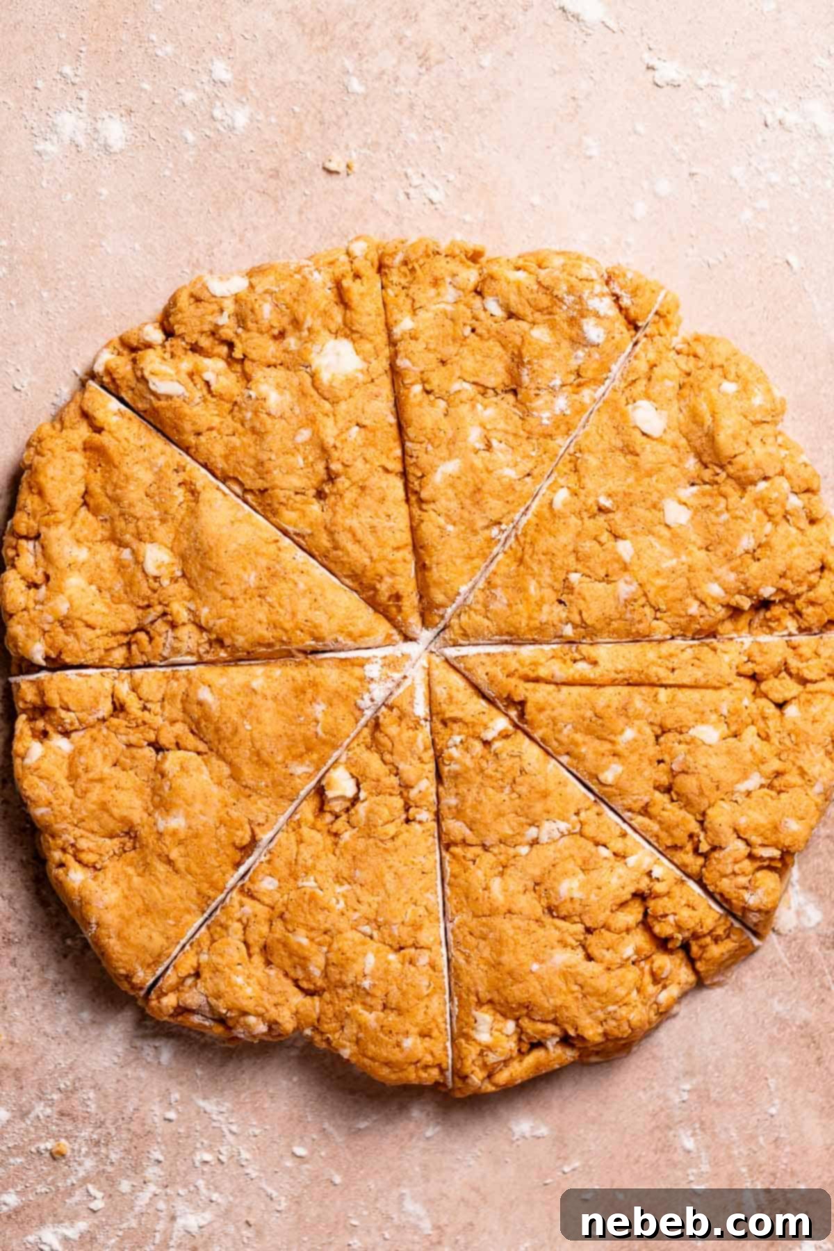 Scone dough cut into eight segments.
