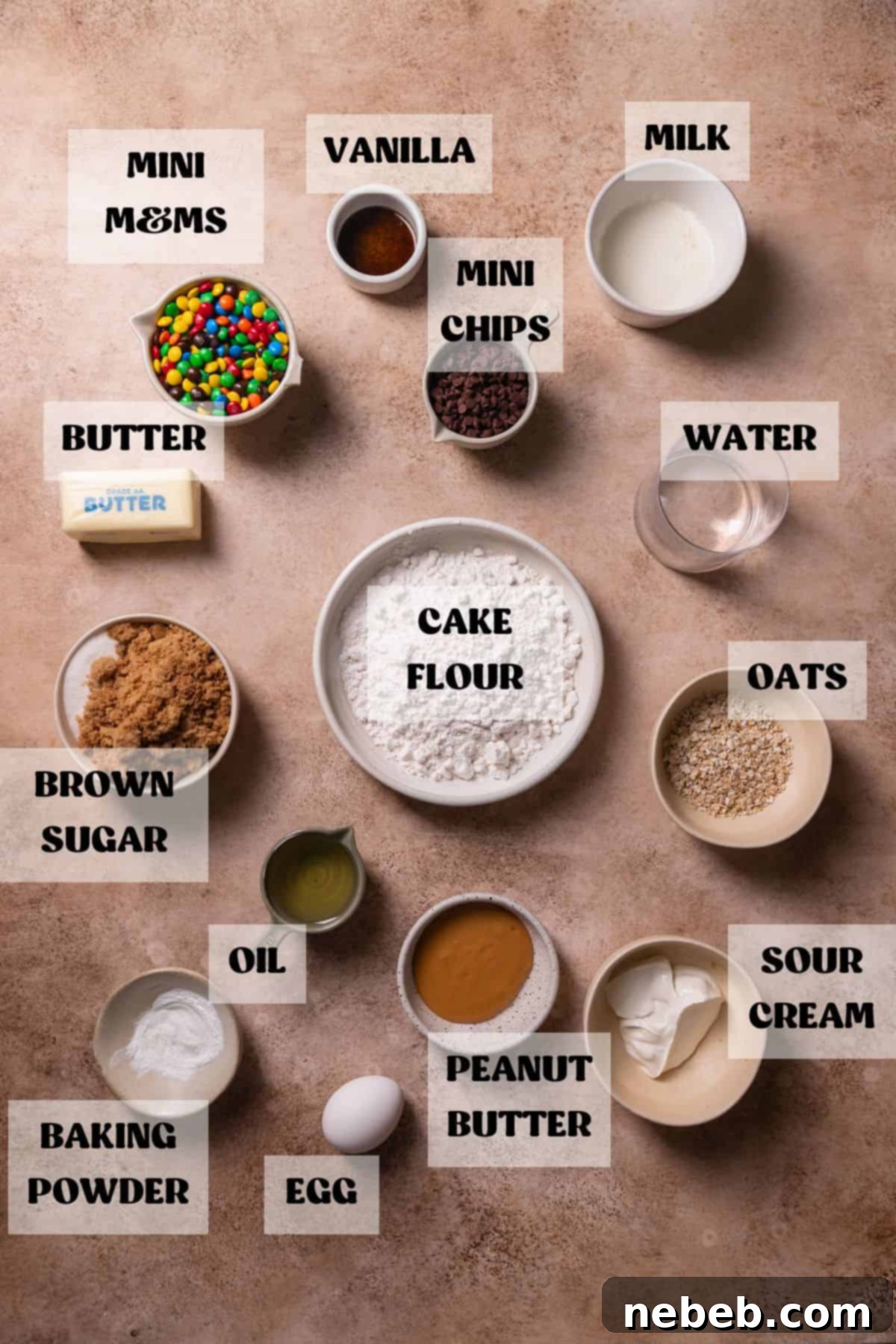 Ingredients needed to make m&m cupcakes in bowls with labels, including flour, oats, M&Ms, and peanut butter.