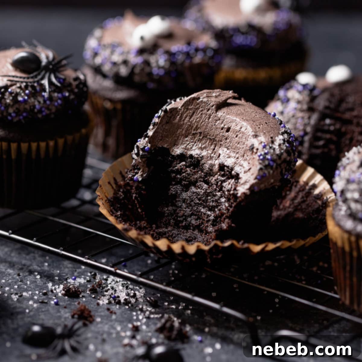 A black velvet cupcake with a bite missing, showcasing its dark, moist interior and velvety black cocoa frosting.
