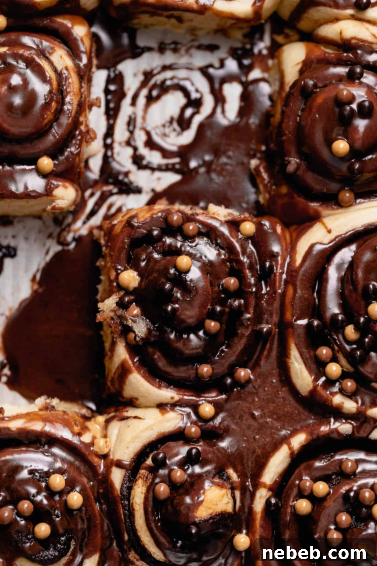 Freshly baked chocolate rolls with a generous chocolate glaze in a baking pan, ready to be served.