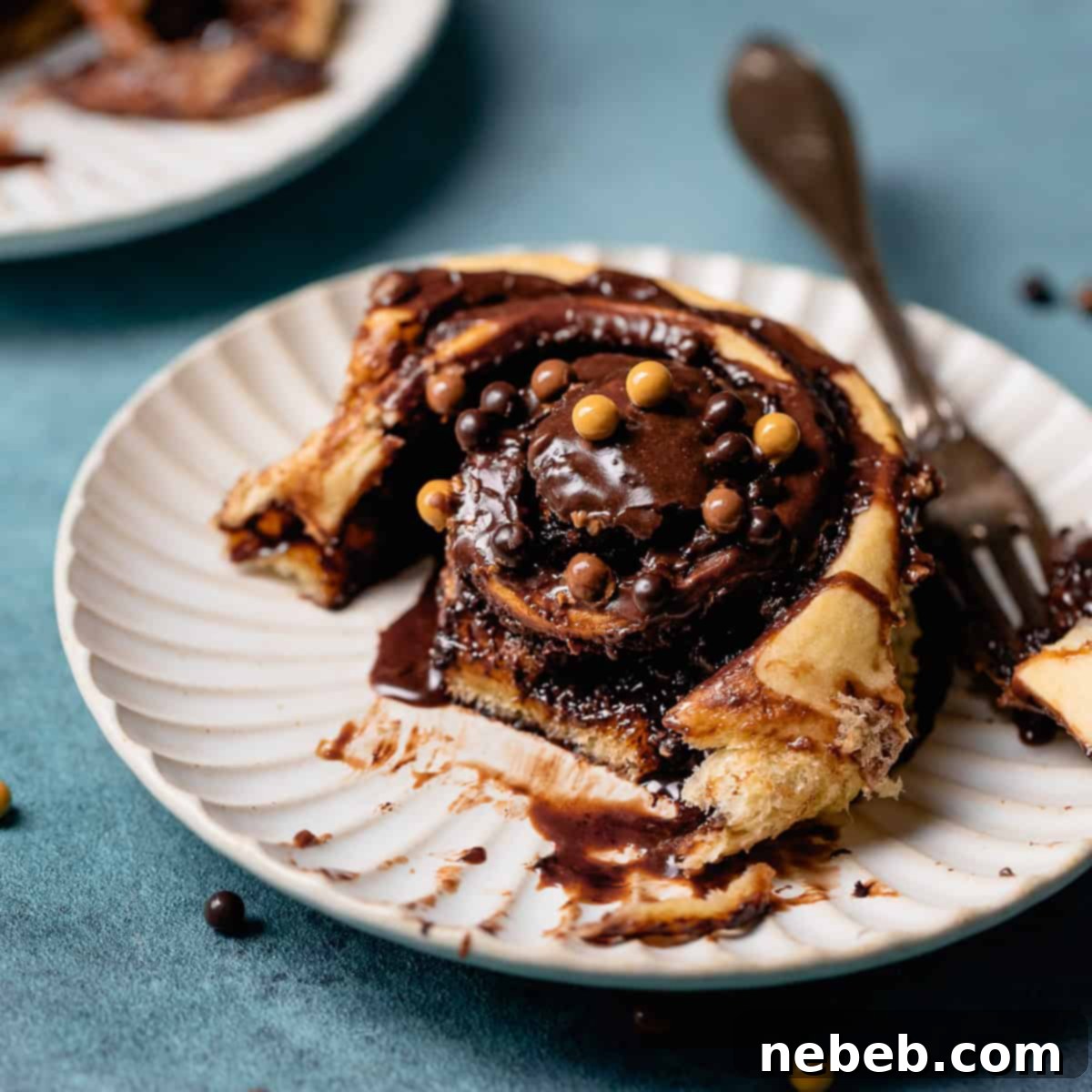 A chocolate sweet roll on a white plate, showcasing its fluffy texture and rich glaze.