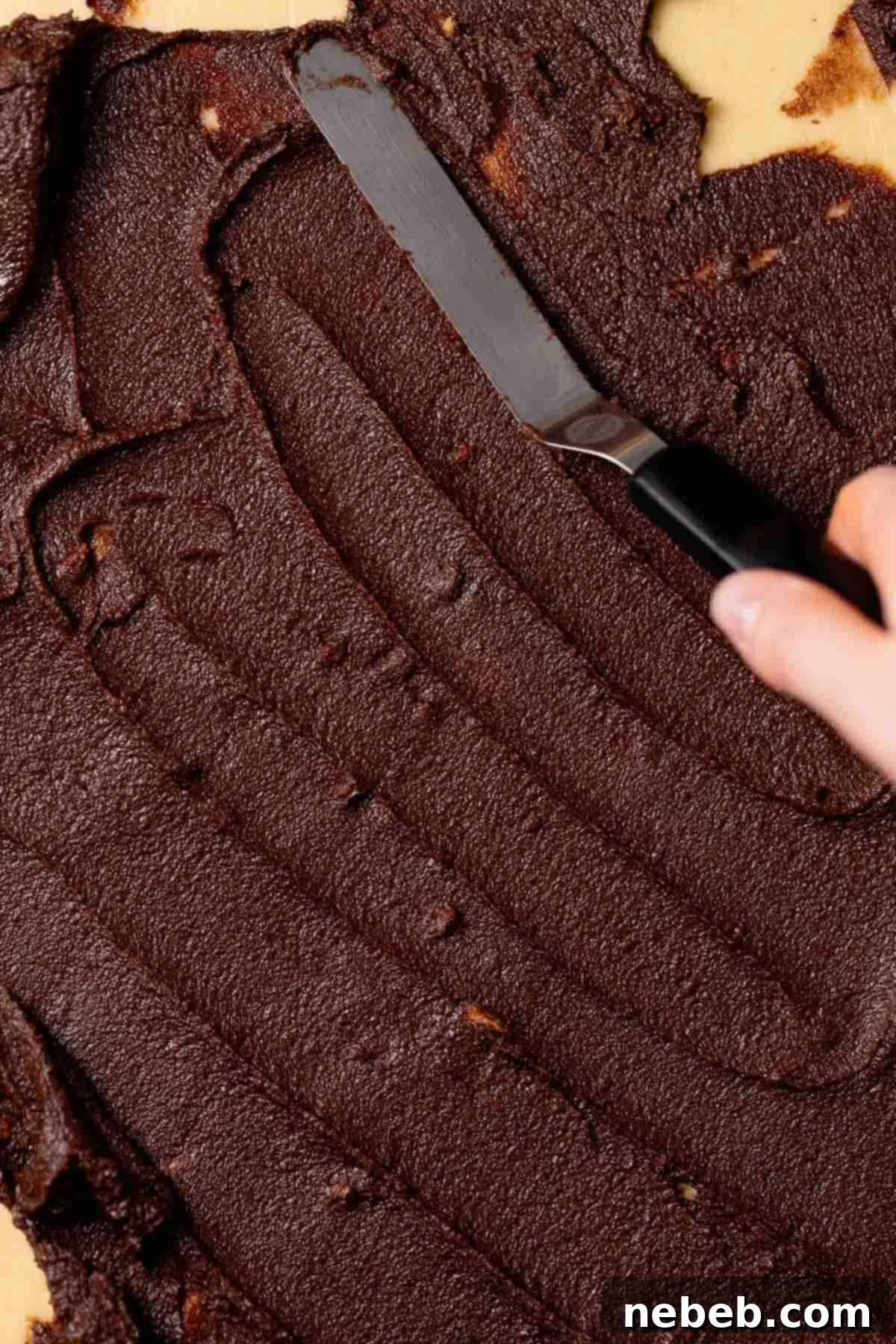 A spatula spreading the cocoa and hazelnut filling evenly across the rolled dough.